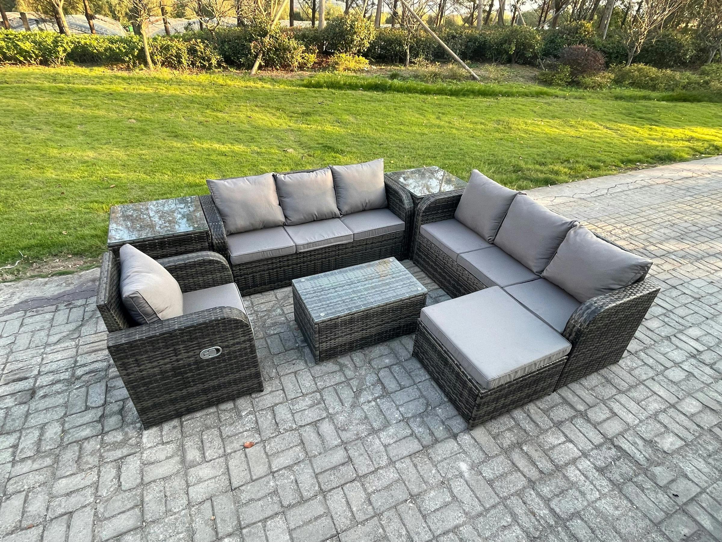 Rackhams Dark/Grey 8 Seater Rattan Patio Set, Garden, Table, 3 Seater Sofa, Reclining Chair, 3 Seater Sofa, 2 Side Tables And Big Footstool, Mixed