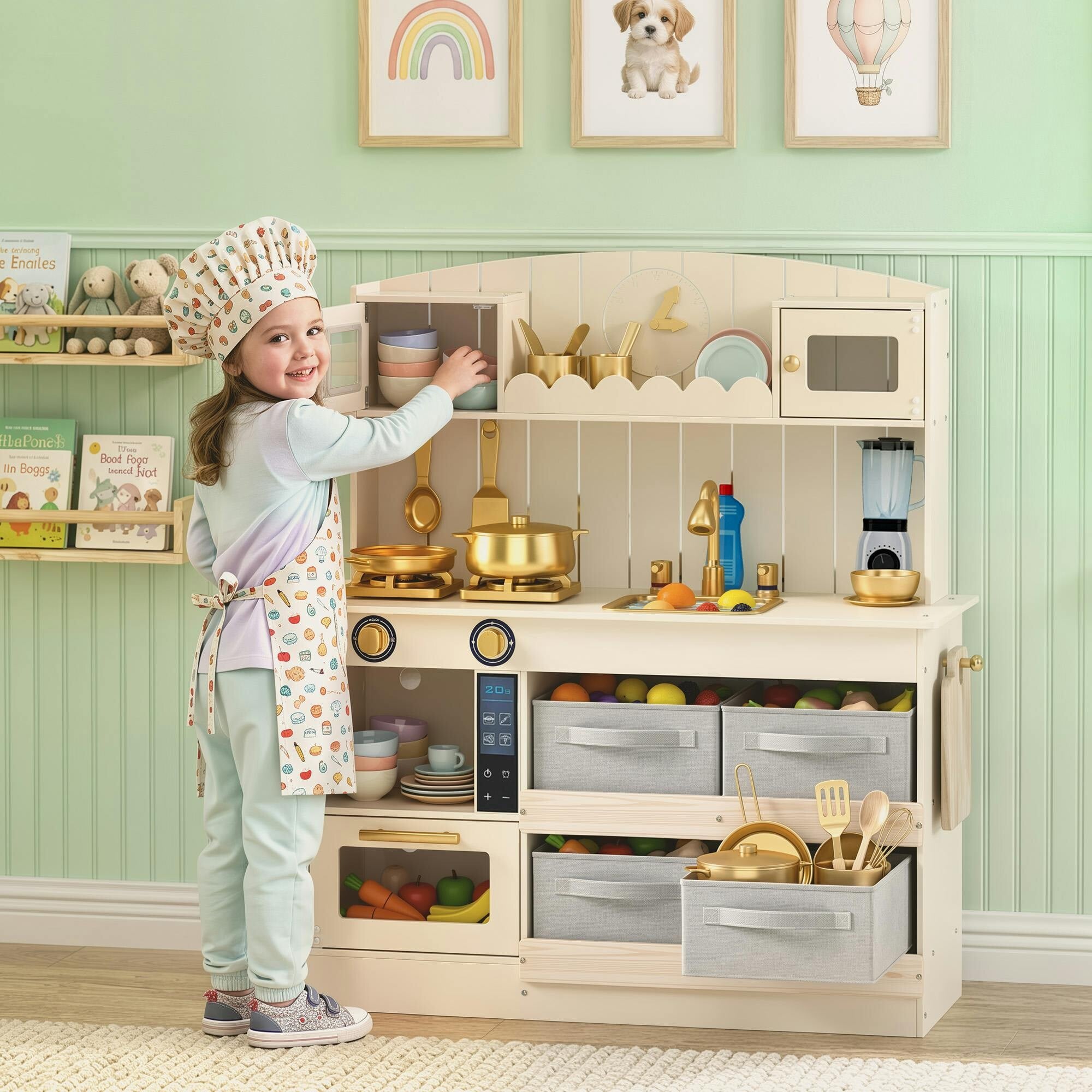 Aiyaplay Cream Kids Play Kitchen With Lights & Sounds, 4 Fabric Drawers,