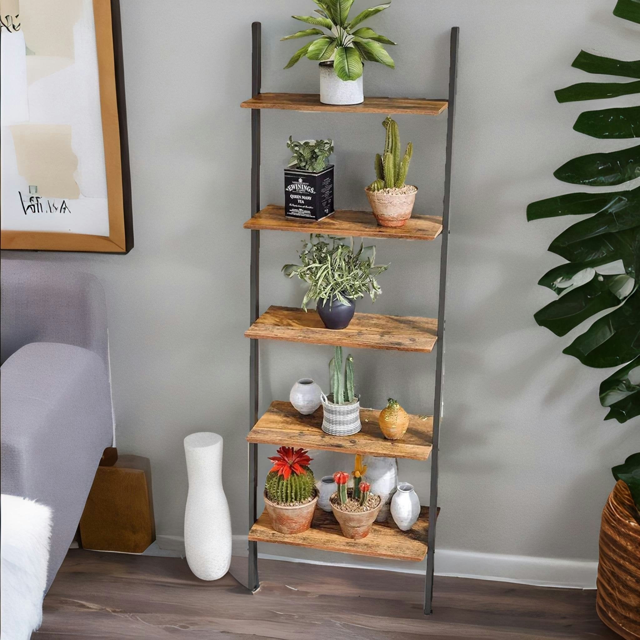 Rackhams Brown Industrial 5 Tier Wall Ladder Shelf Rustic