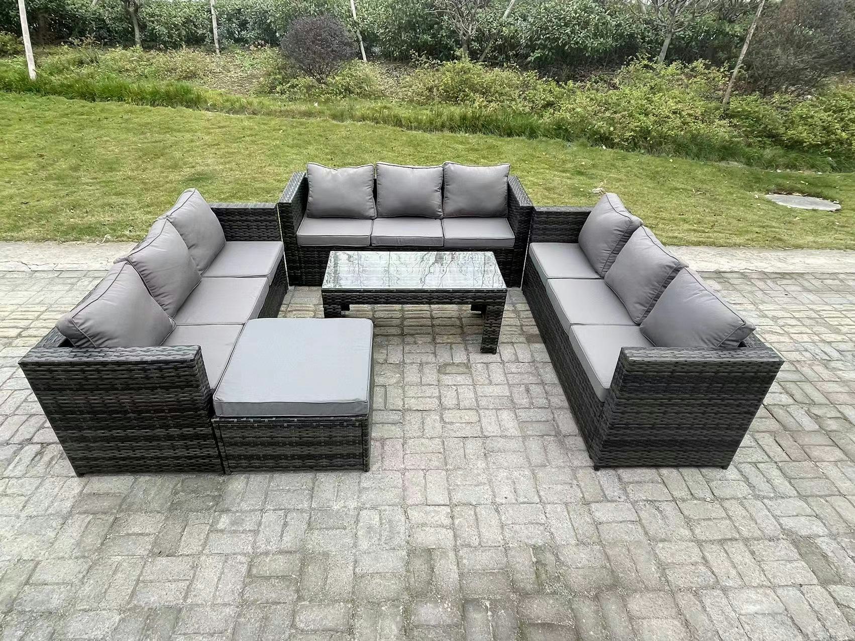 Rackhams Dark/Grey Outdoor Rattan Garden Furniture Lounge Sofa Set With Oblong Rectagular Coffee Table Big Footstool