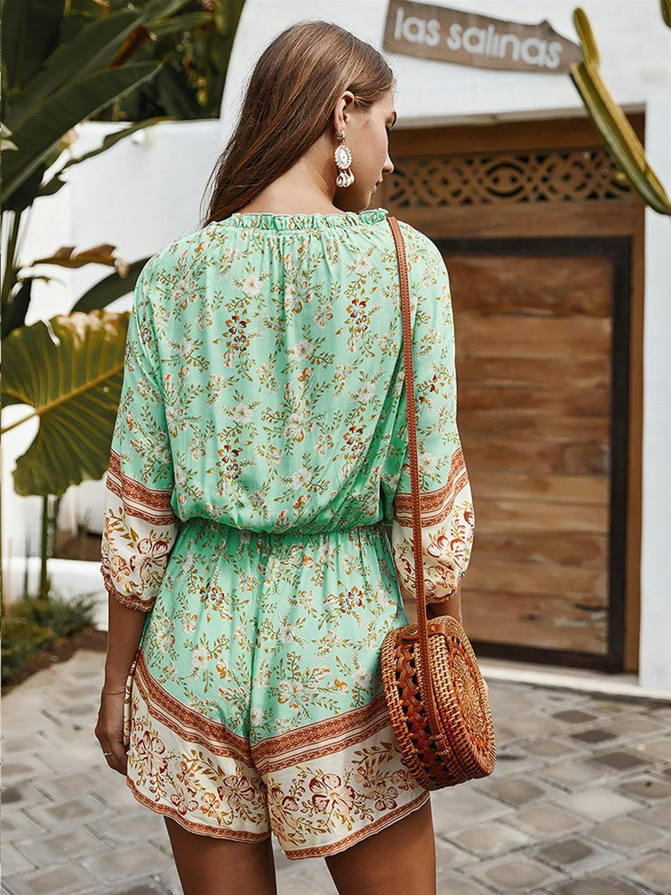 Fs Collection Green Boho Playsuit With Buttons In Mint & Chocolate Floral Print - Mint - 8-10