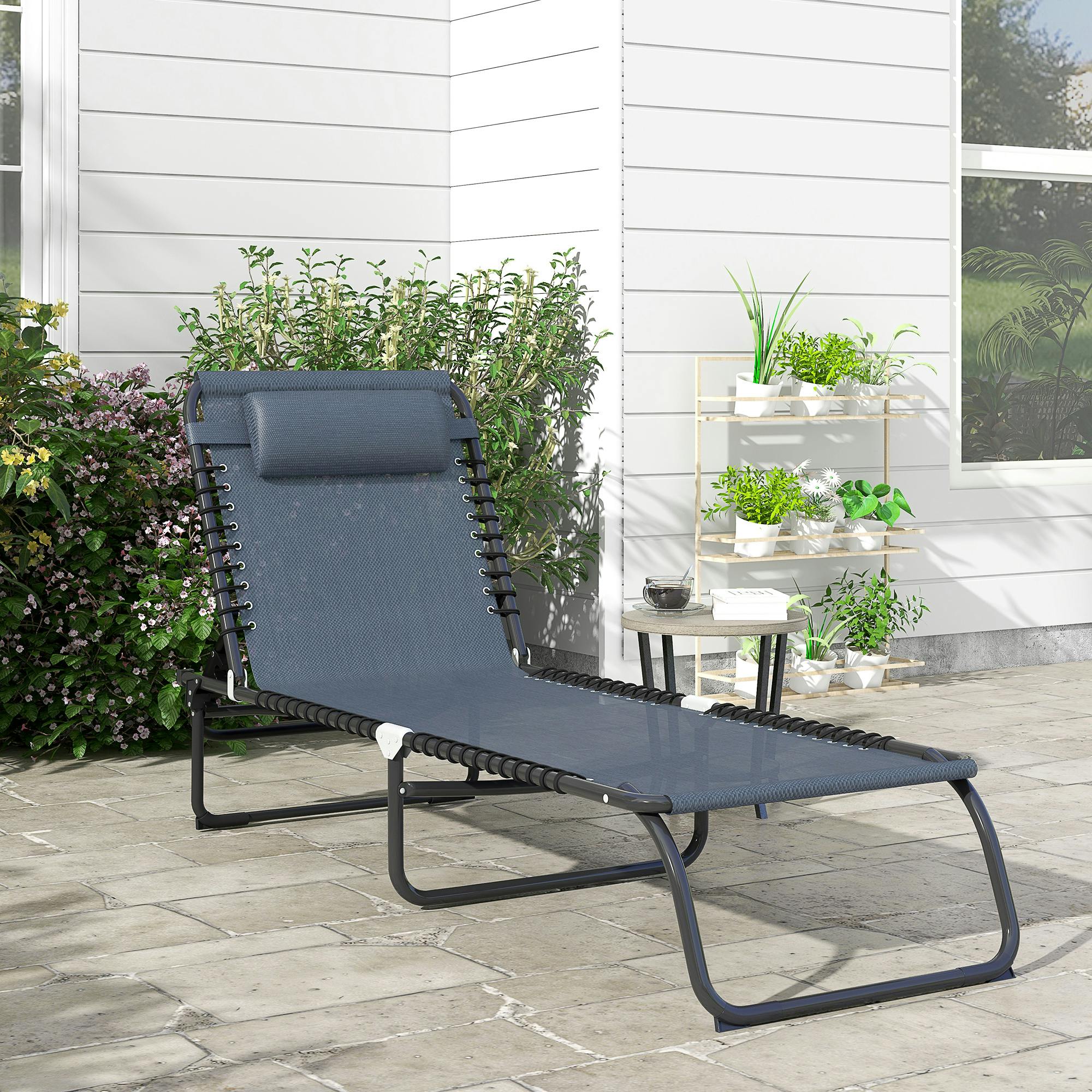 Rackhams Black/Grey 2 Pcs Folding Beach Chair Chaise Lounge 4 Adjustable Positions, - 1