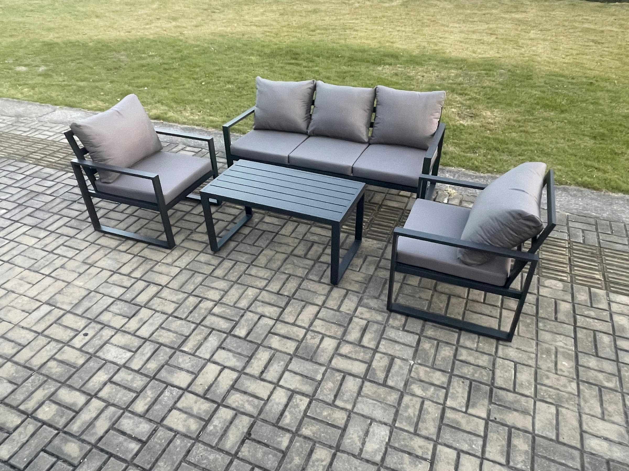 Fimous Dark/Grey Aluminium Outdoor Garden Furniture Set Patio Lounge Sofa With Oblong Coffee Table 2 Armchairs Set