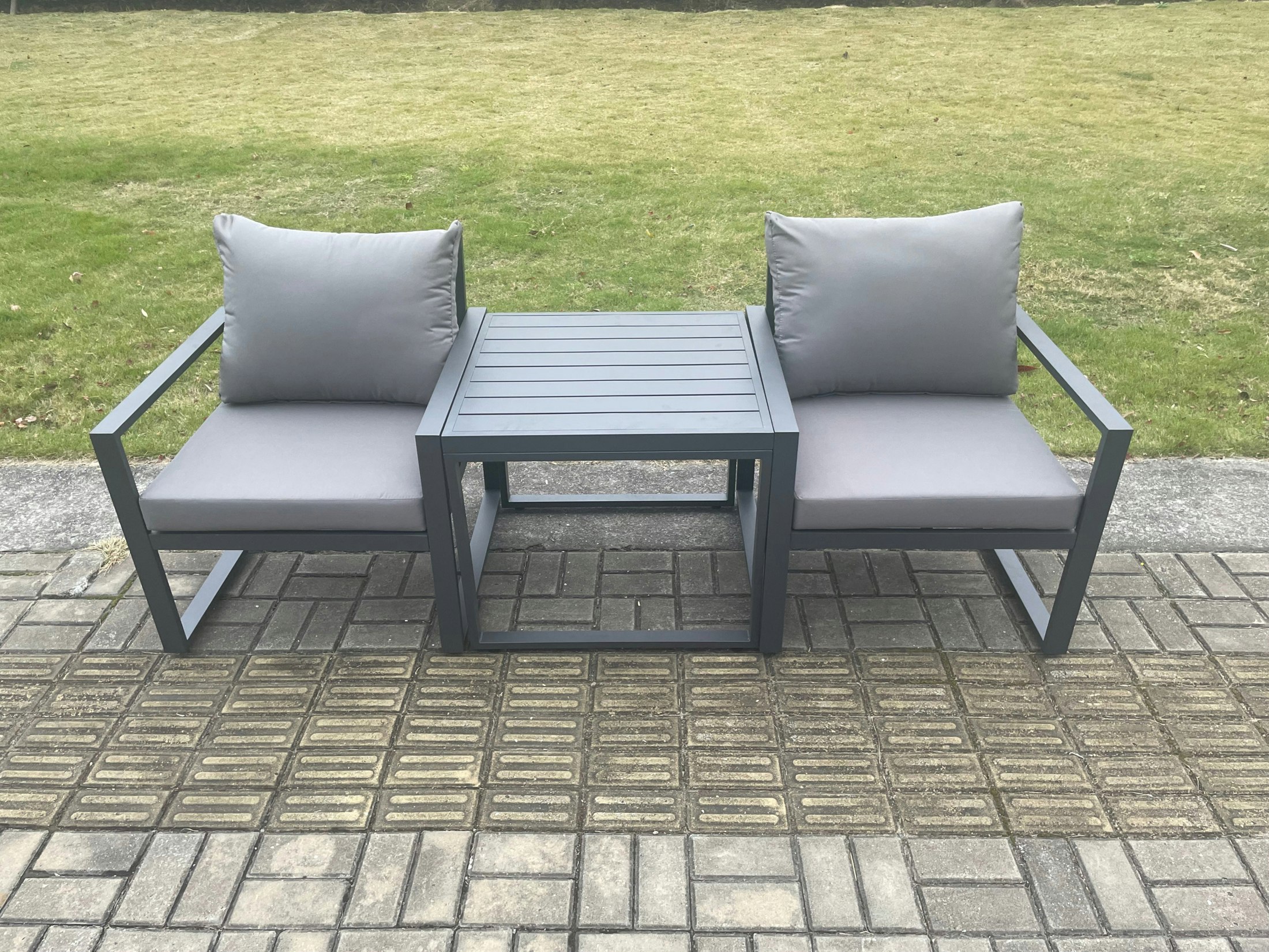 Fimous Dark/Grey Aluminium 3 Pieces Garden Furniture Set Chair With Table Including Cushions