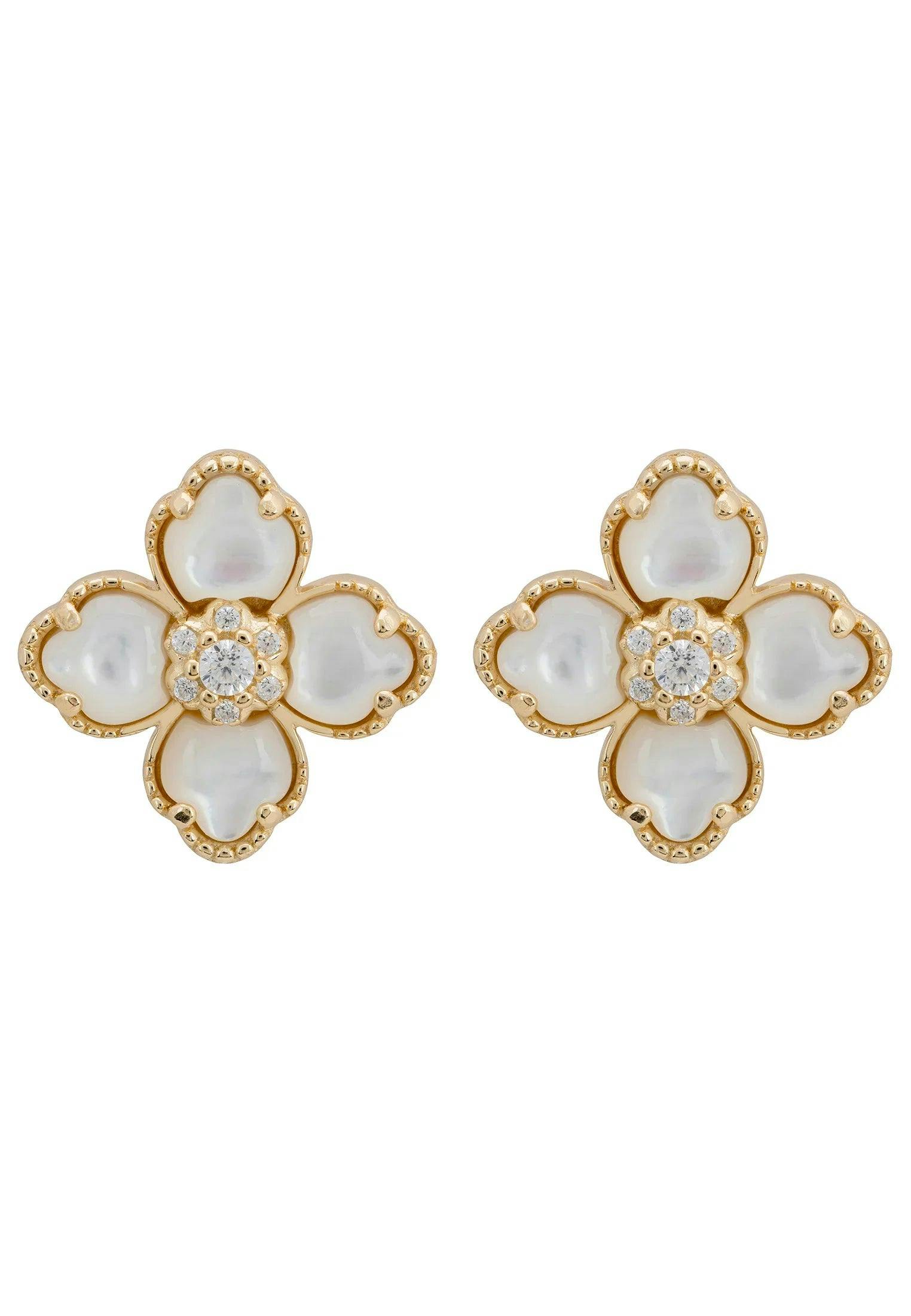 Latelita Gold Flower Clover Mother Of Pearl Stud Earrings