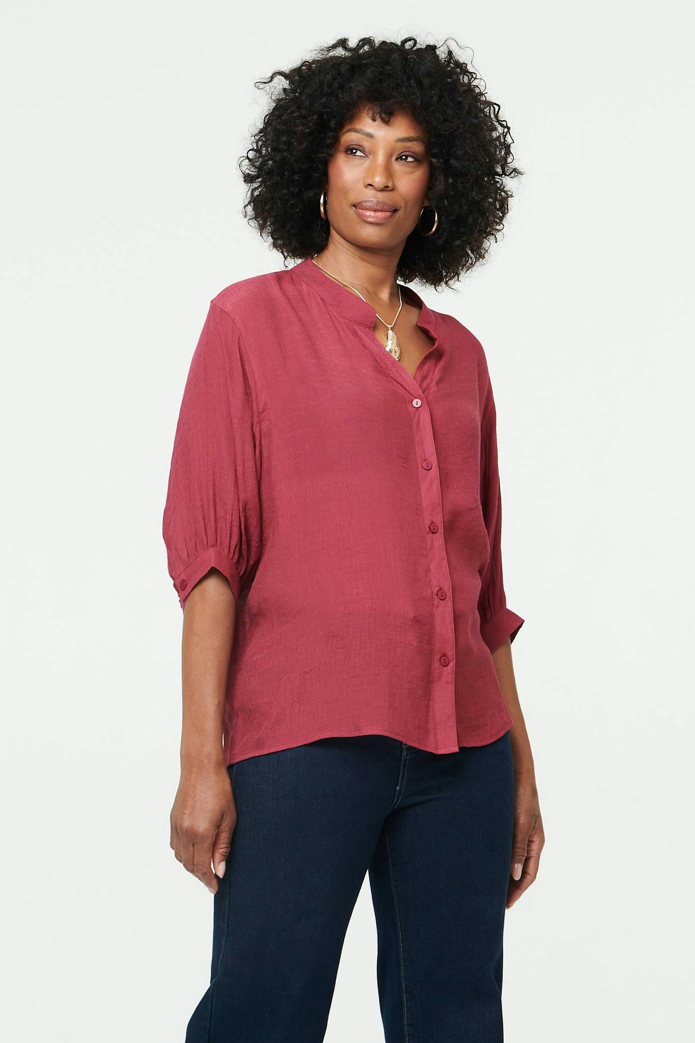 Izabel London Burgundy Relaxed 3/4 Sleeve Collarless Shirt - 16