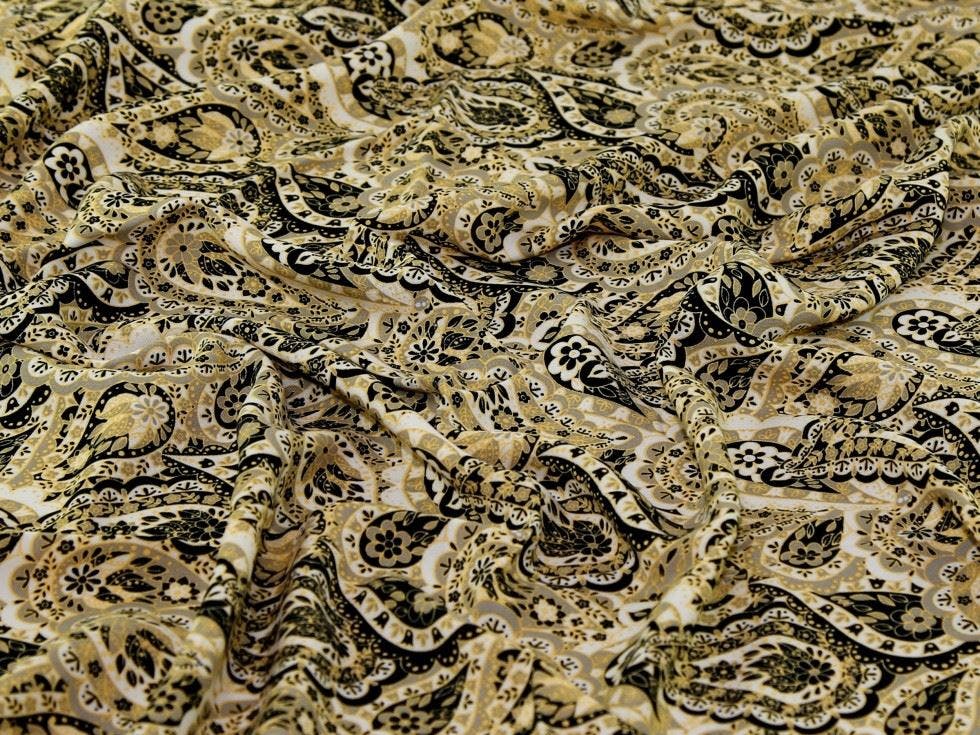 Minerva Core Range Gold Minerva Deadstock Viscose Challis Fabric - Paisley Design Dressmaking Fabric, 140 Cm / 56" Wide - Per Metre