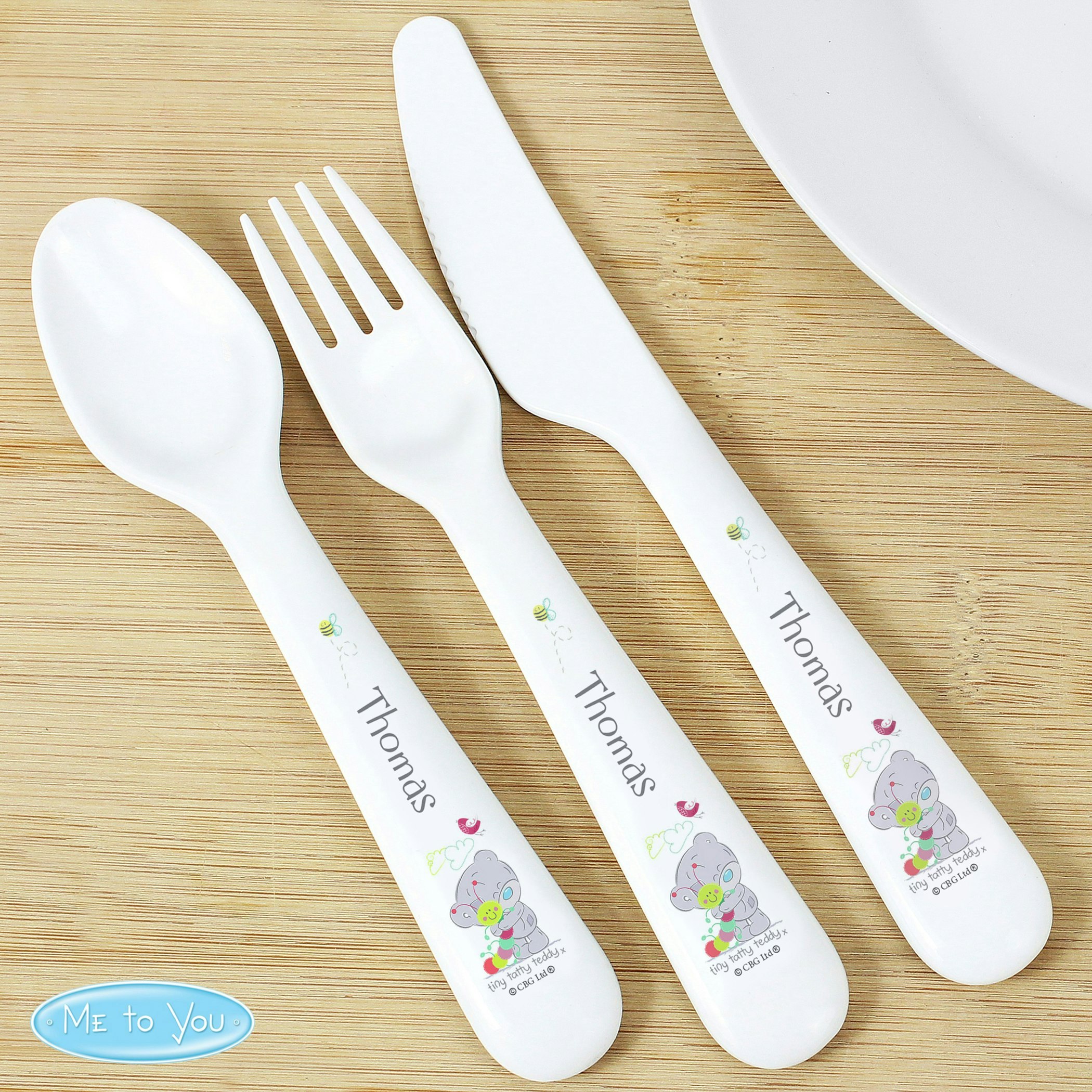 Rackhams Personalised Tiny Tatty Teddy Cuddle Bug 3 Piece Plastic Cutlery Set