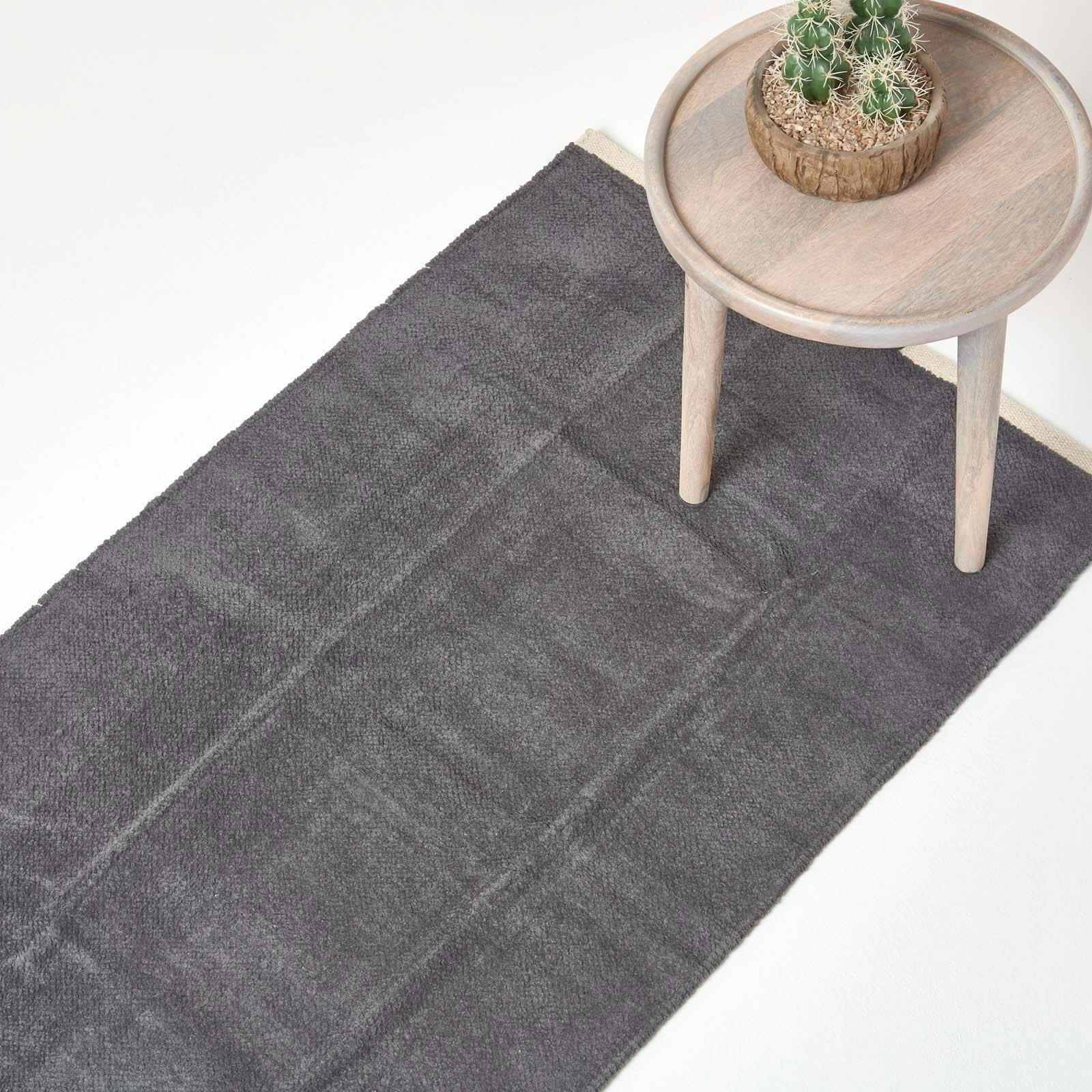Rackhams Dark/Grey Cotton Plain Chenille Rug With Natural Trim - 66 X 200 Cm