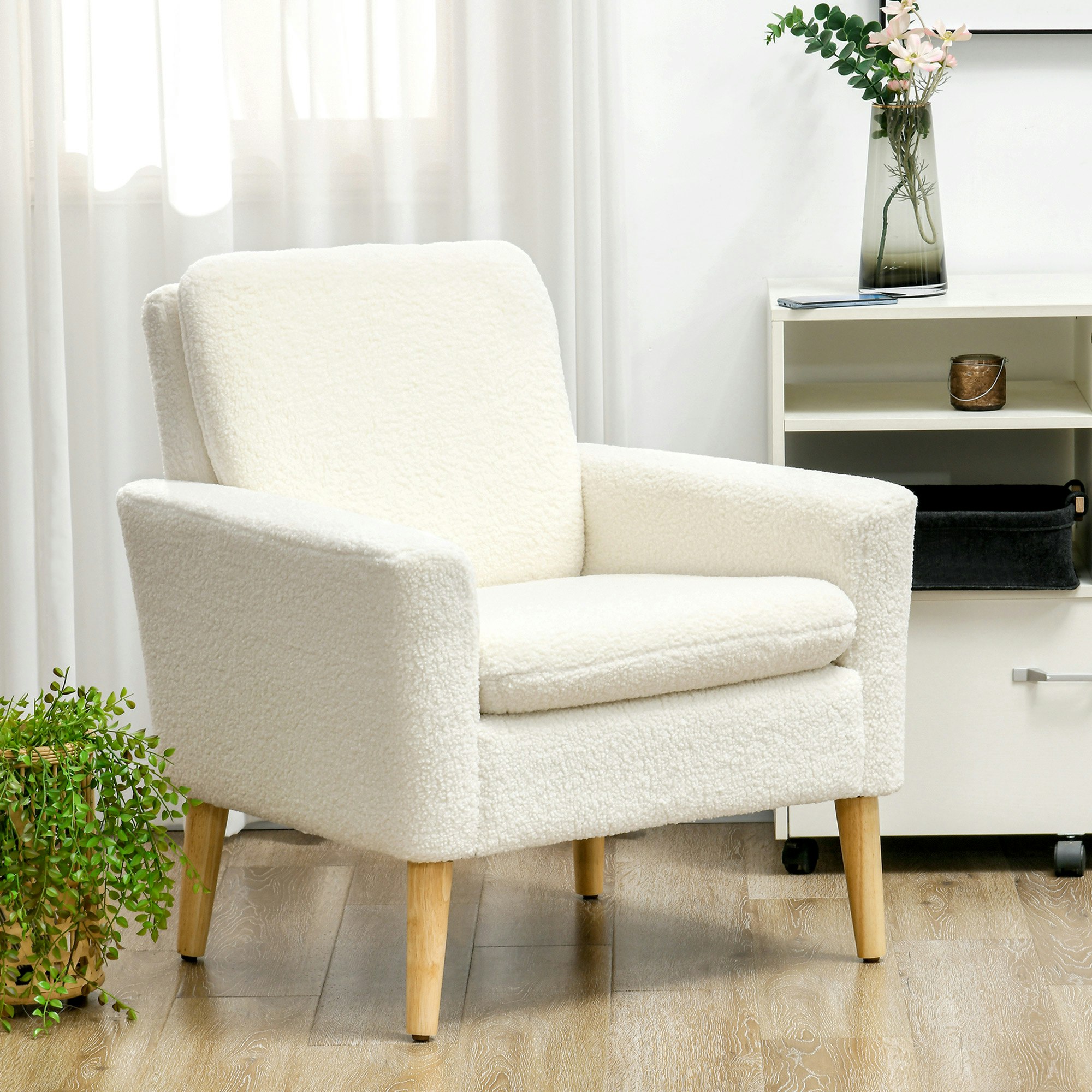 Rackhams Cream Modern Accent Chair With Wood Legs, Wide Seat,