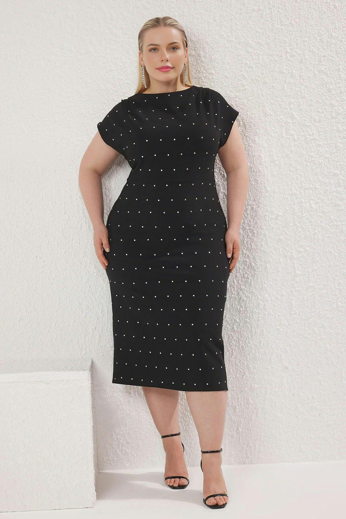 Wovcor Black Sleeveless Embellished Mini Woven Plus Size Evening Dress - 18