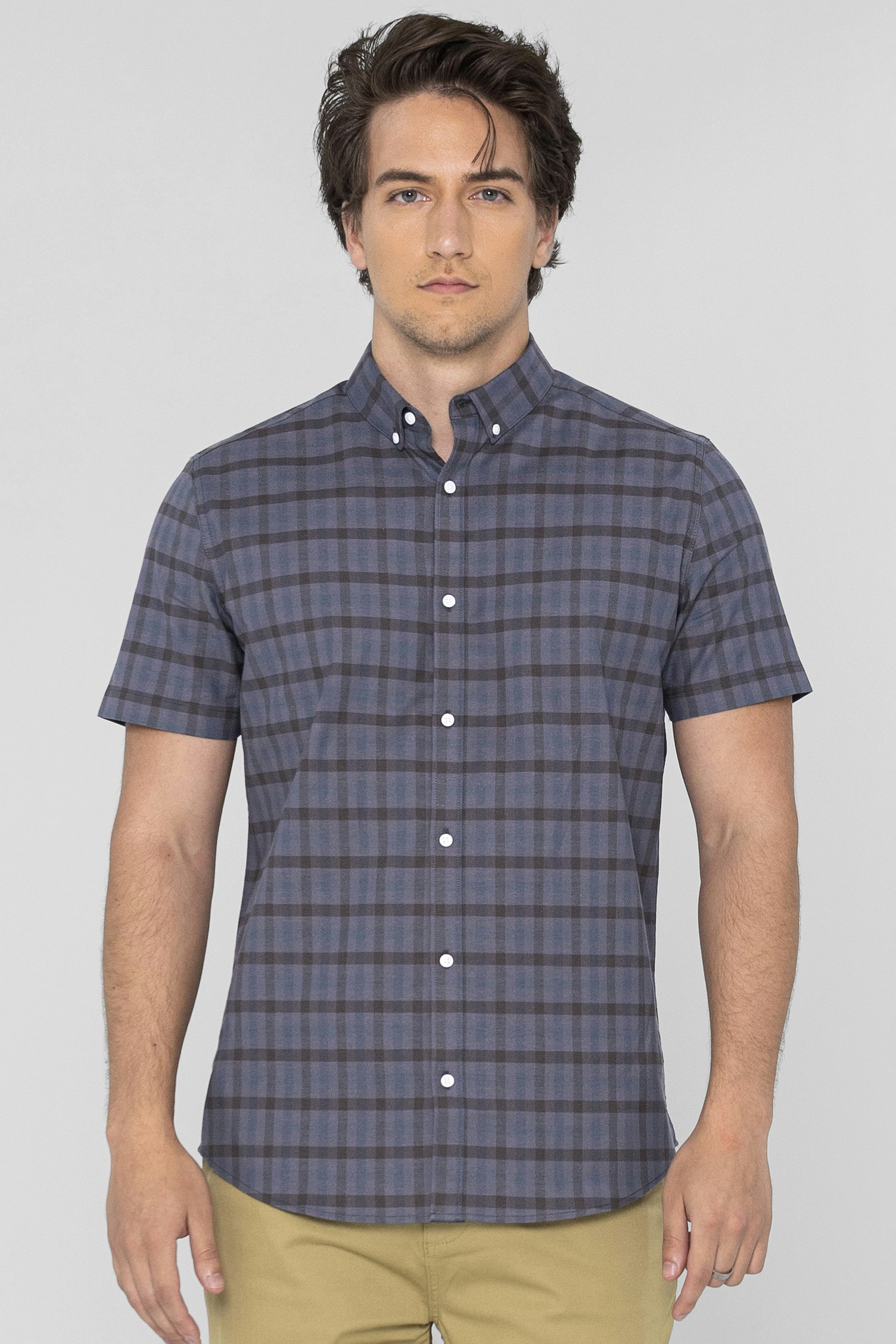 Enorsia Men's Grey Check Short Sleeve Oxford Shirt - Xxl - 98% Cotton 2% Spandex