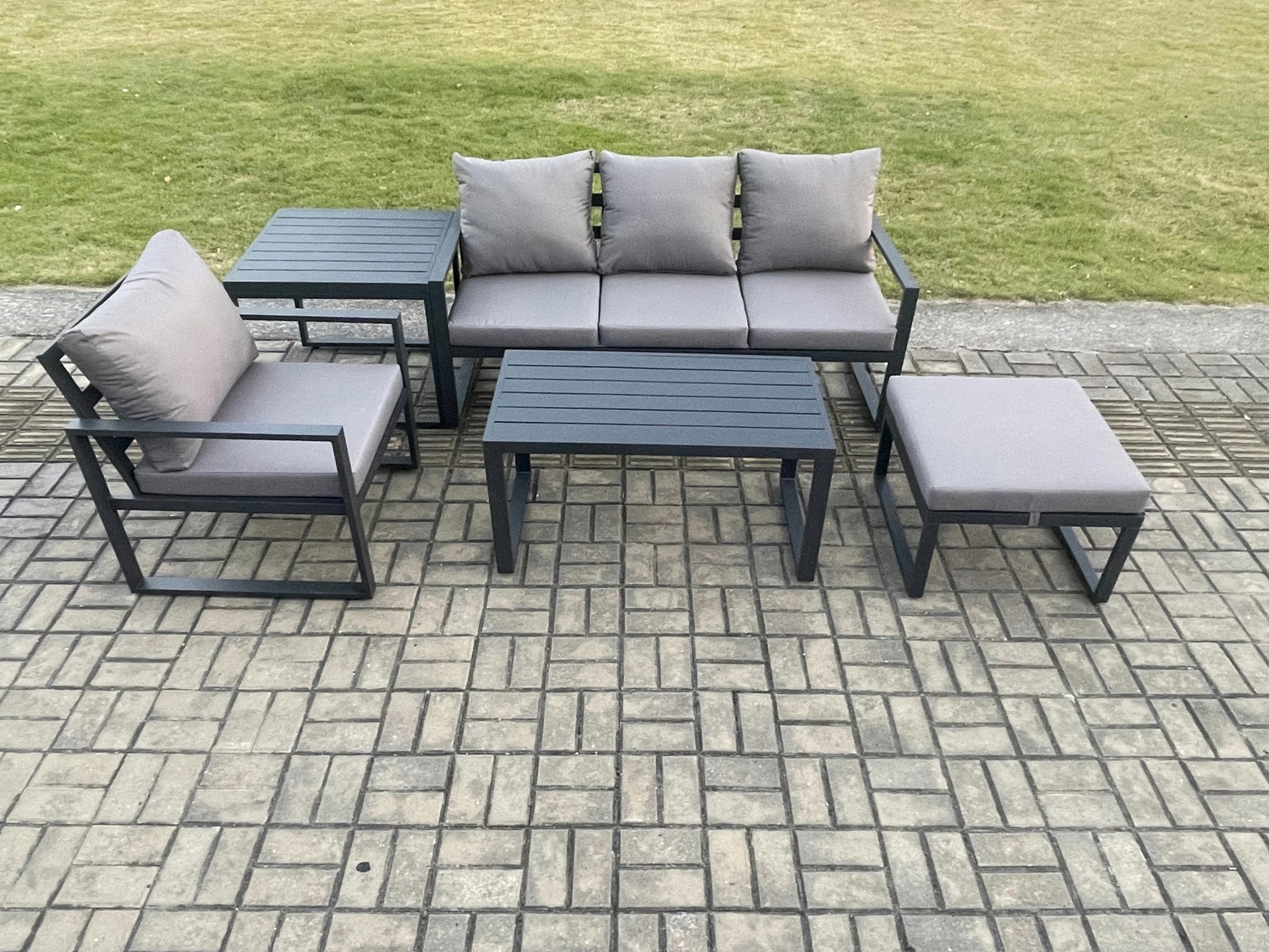 Fimous Dark/Grey Aluminium 5 Pieces Garden Furniture Sofa Set With Cushions 5 Seater Outdoor Patio Set With Armchair Big Footstool Side Table