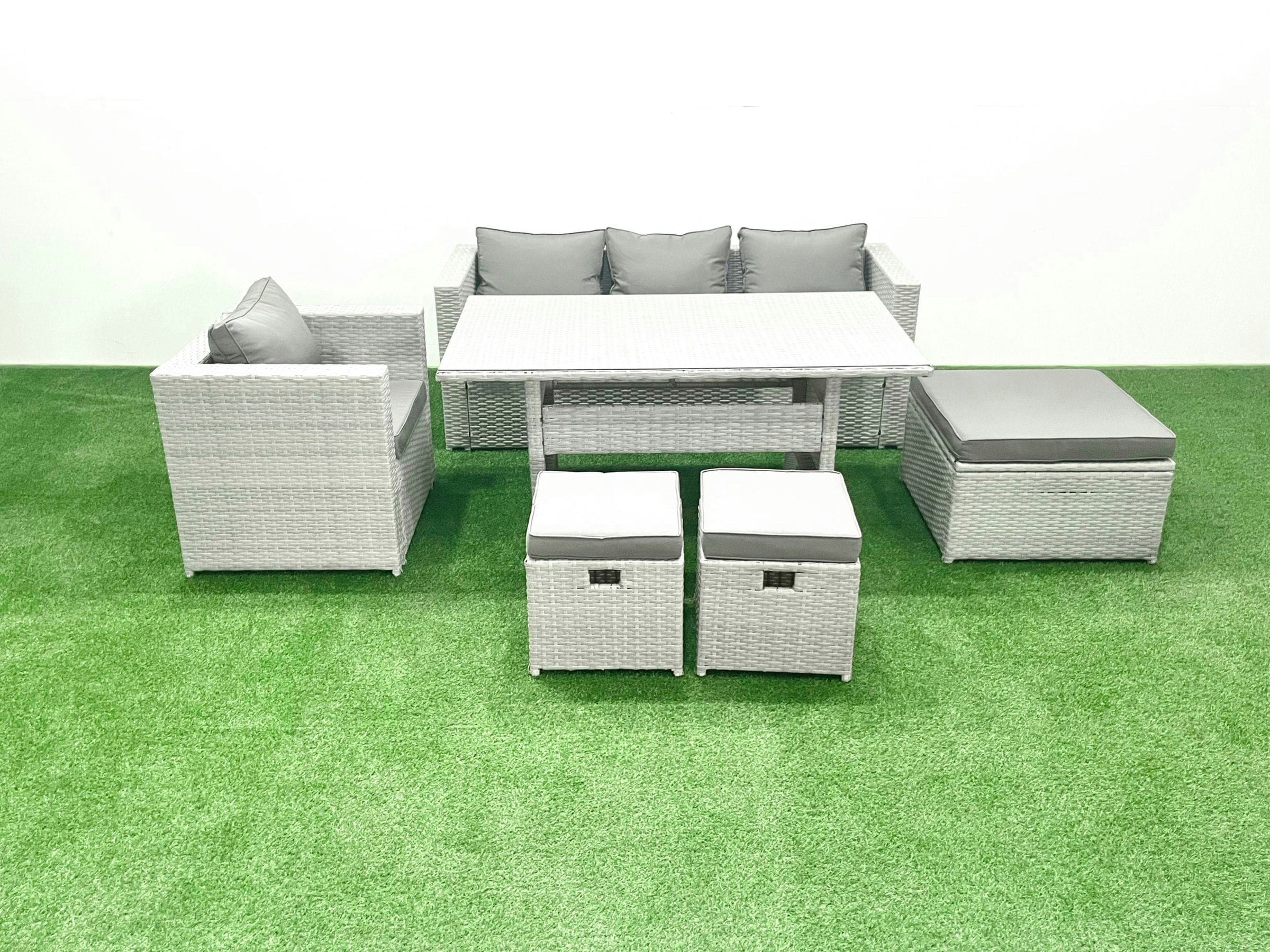 Rackhams Light/Grey Garden Dining Set Outdoor Rattan Furniture Set With Sofa Dining Table 3 Footstools Mixed
