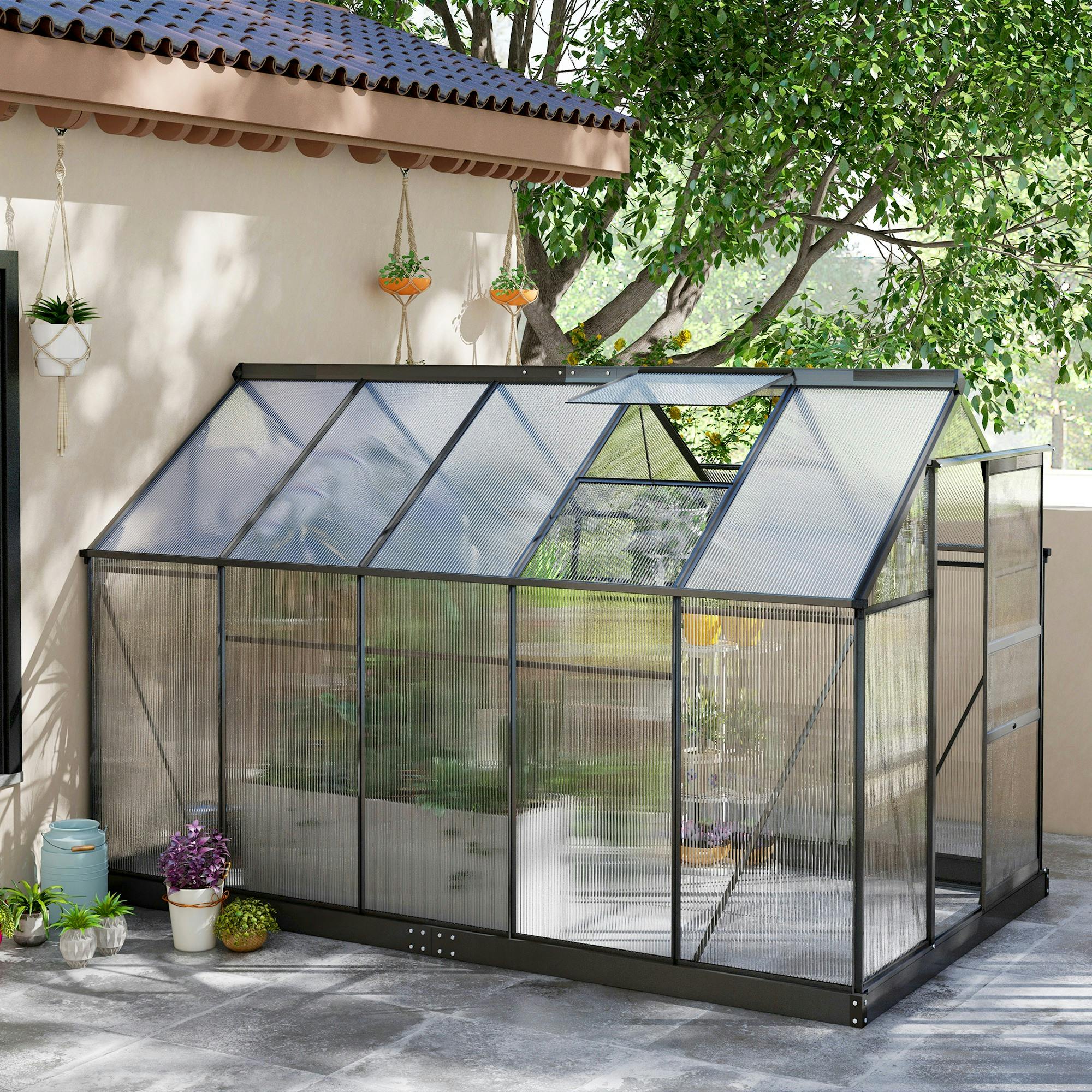Rackhams Grey Walk-In Polycarbonate Greenhouse Plant Grow Galvanized Aluminium - 312L X 190W X 201H Cm