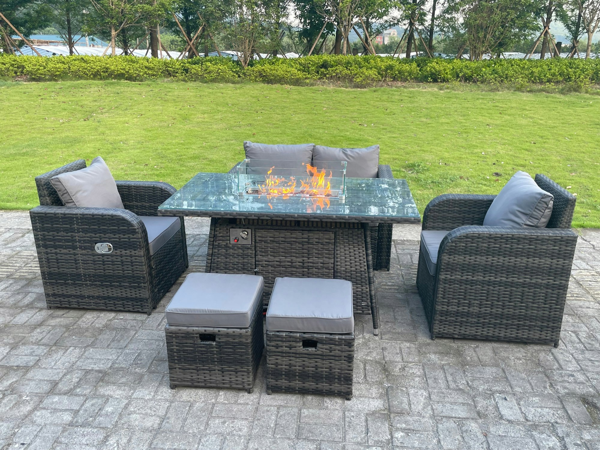 Fimous Dark/Grey 6-Seater Rattan Outdoor Gas Fire Pit Lounge Set | Reclining Chairs, 2-Seater Sofa, Footstools |