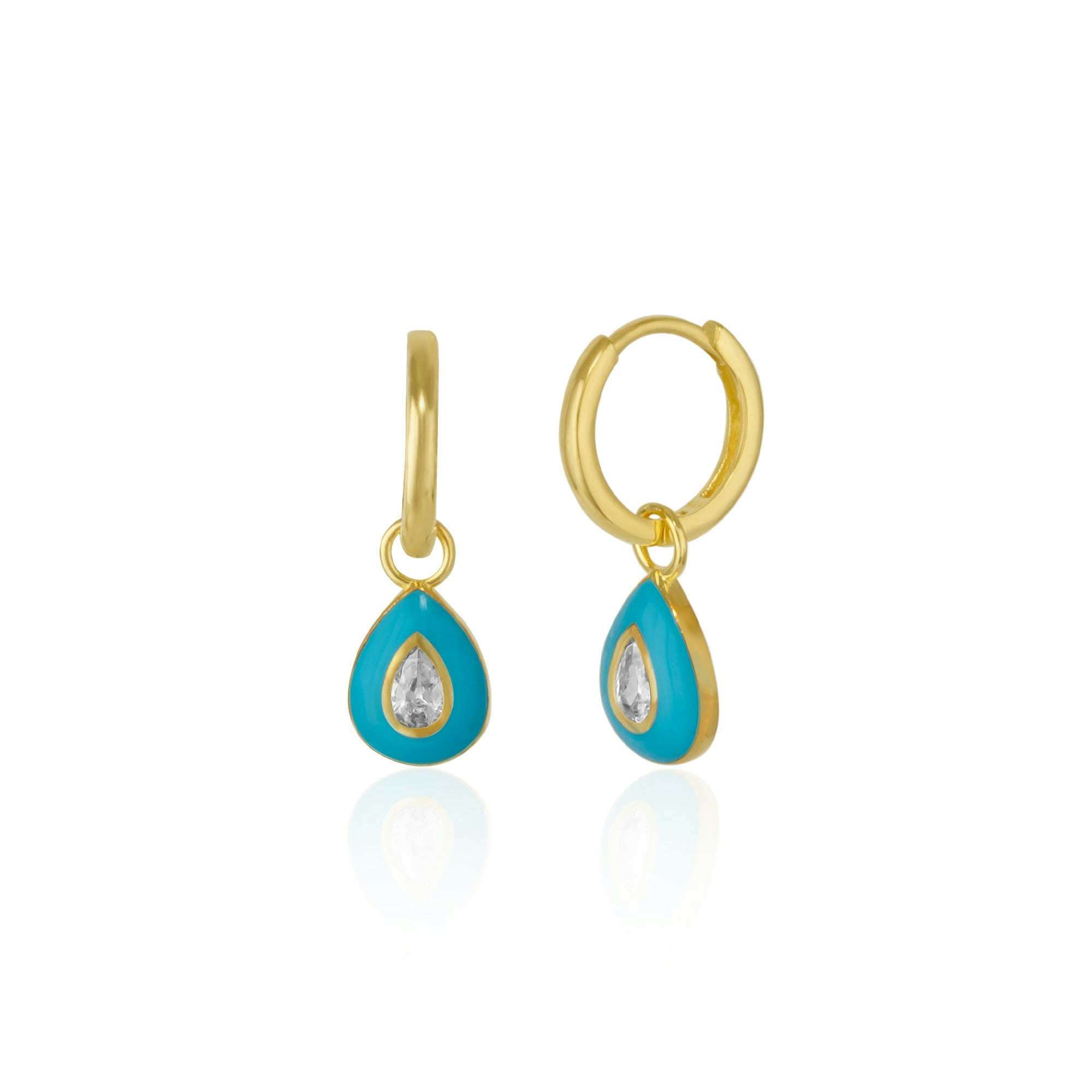 Spero London Silver/Blue Enamelled Jewelled Sterling Drop Hoop Earrings