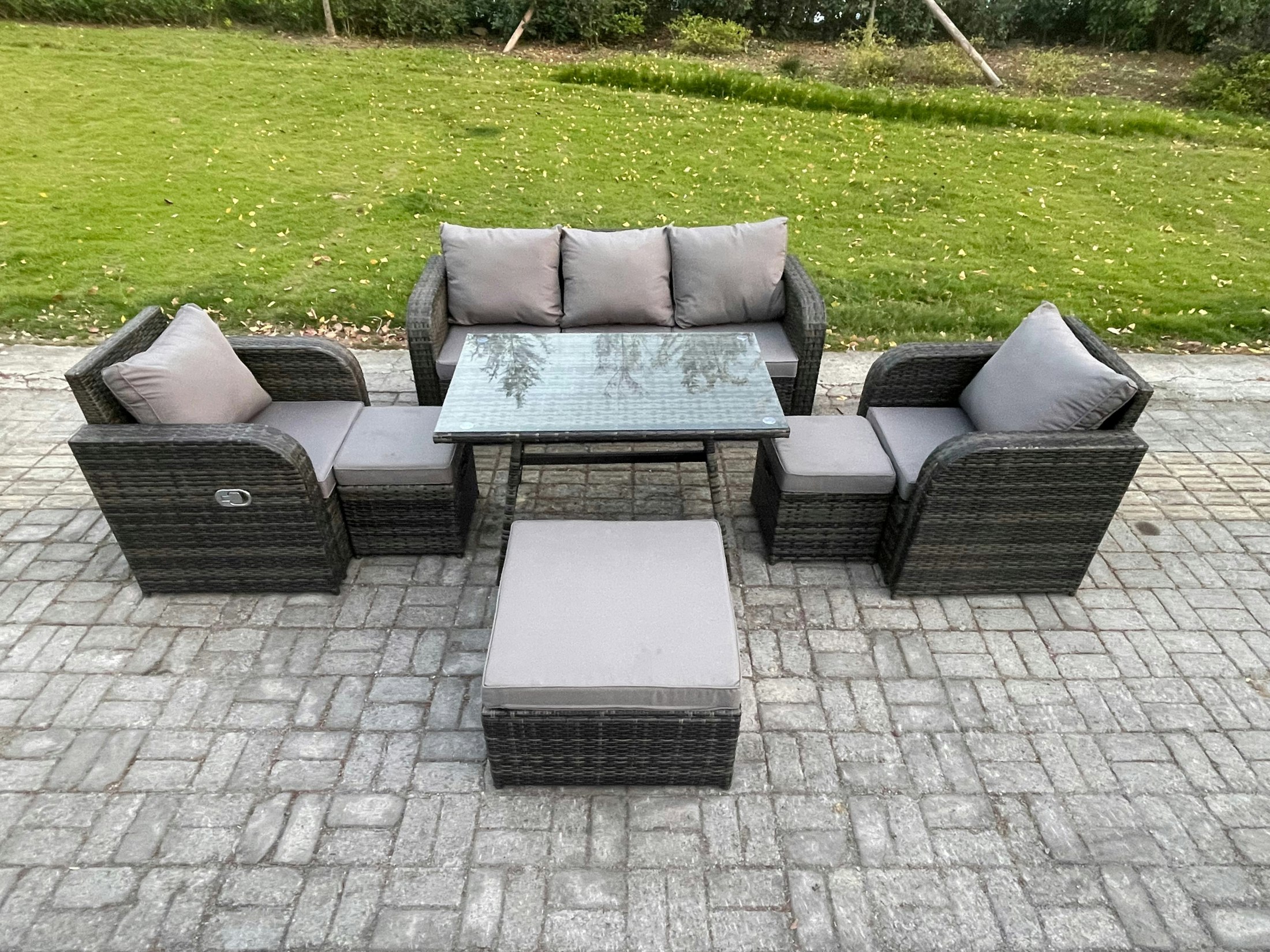 Rackhams Dark/Grey 8 Seater Rattan Wicker Garden Furniture Patio Conservatory Sofa Set With Rectangular Dining Table Reclining Chair 3 Seater Sofa 3 Footstools