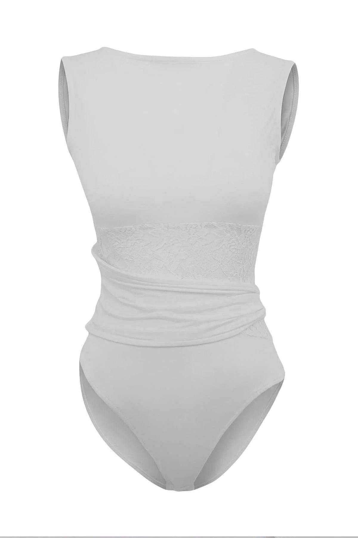 Wovcor White Lace Detail Transparent Knitted Bodysuit - 14
