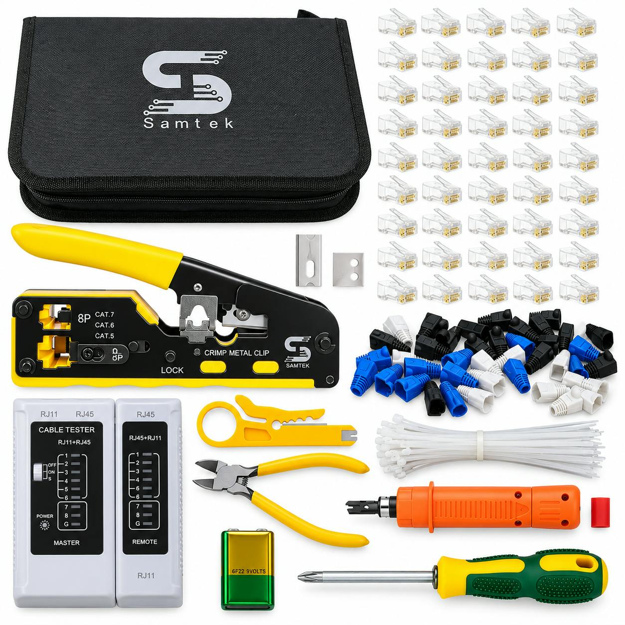 Atek Blue/Black/White Rj45 Network Cable Crimping Tool Kit With Tester Connectors & Carry Case - Image 2