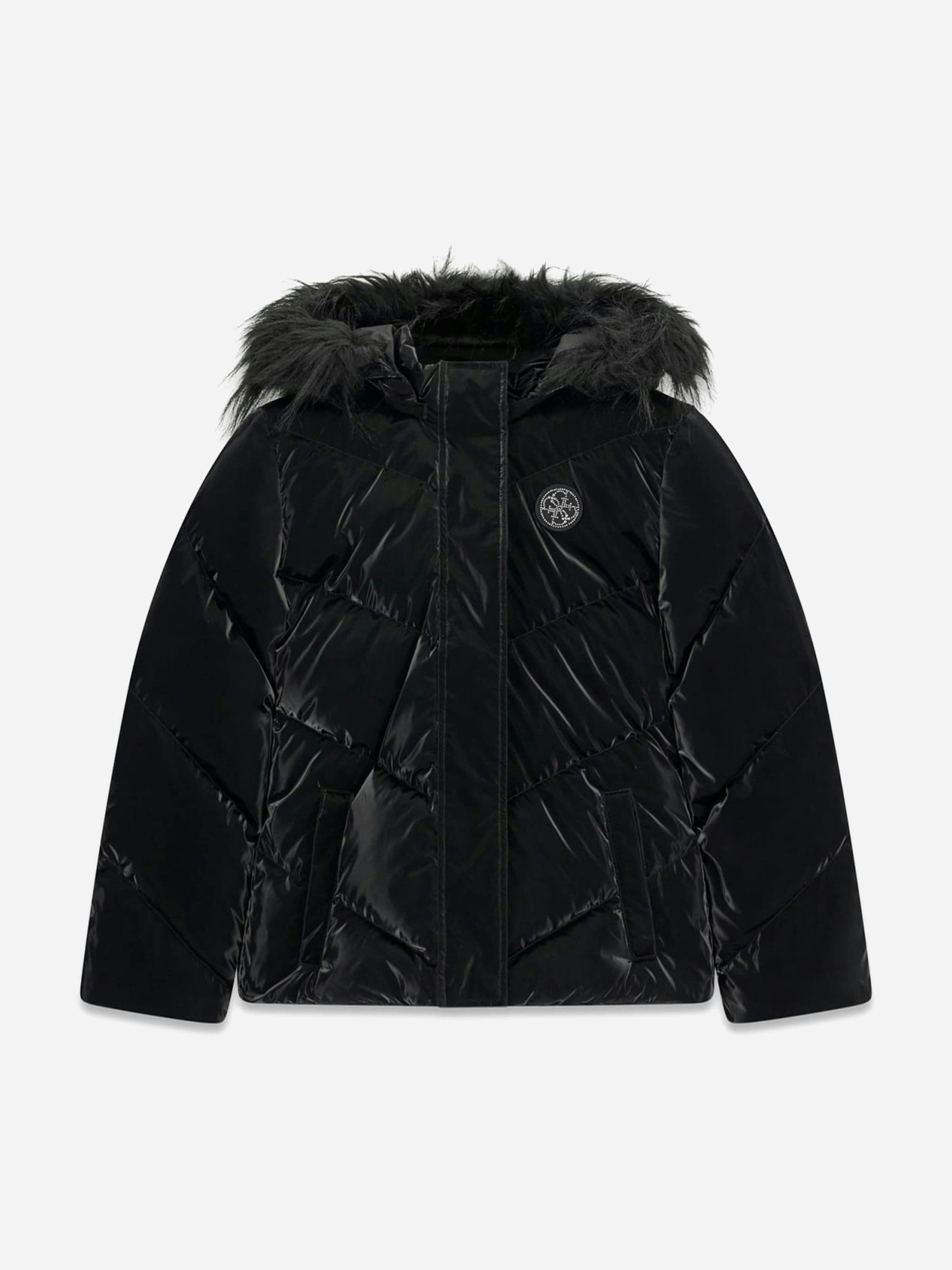 Guess Girls Black Down Padded Hooded Puffer Jacket In - 14 Yrs