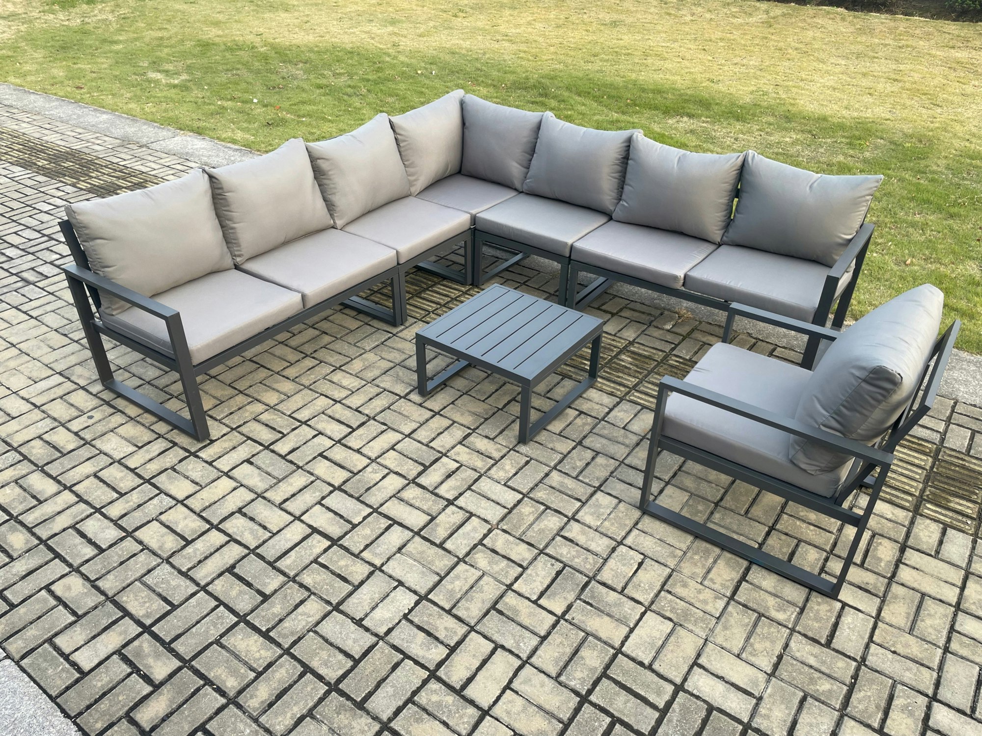 Rackhams Dark/Grey Outdoor Garden Furniture Patio Lounge Corner Sofa Aluminium Set With Square Coffee Table Chair
