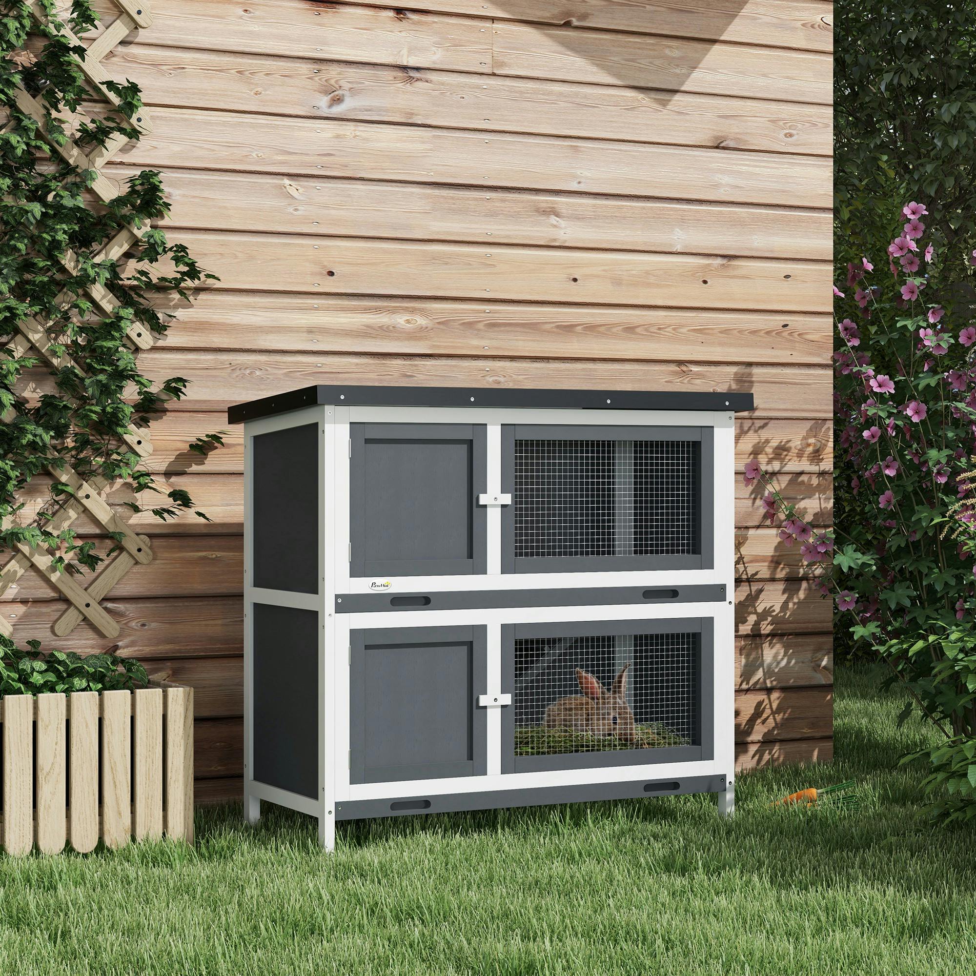 Pawhut Grey Double Decker Rabbit Hutch Bunny Cage Pet House Outdoor W/ Tray,