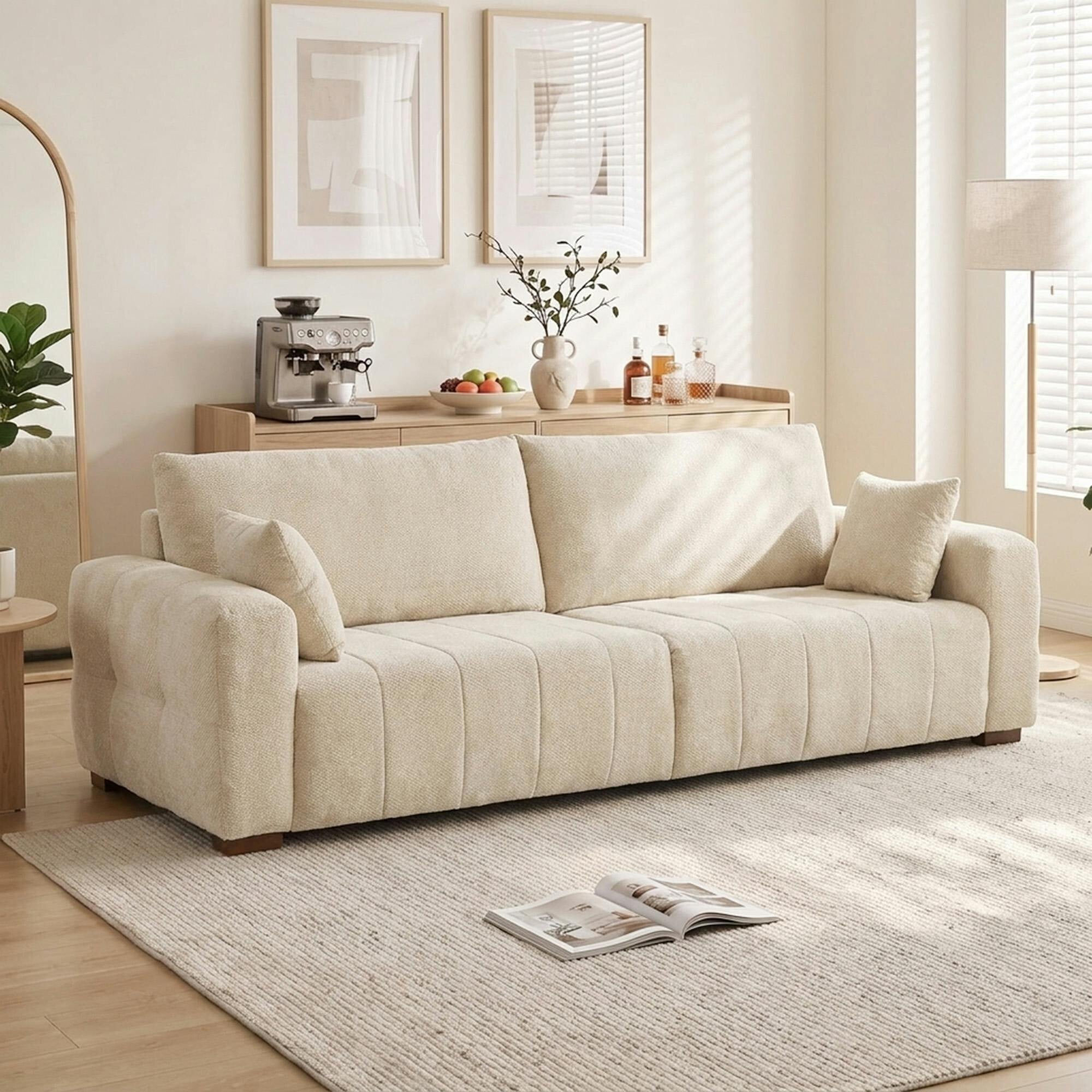 Homcom Cream/White 3 Seater Sofa, Upholstered Velvet Couch With Pillows