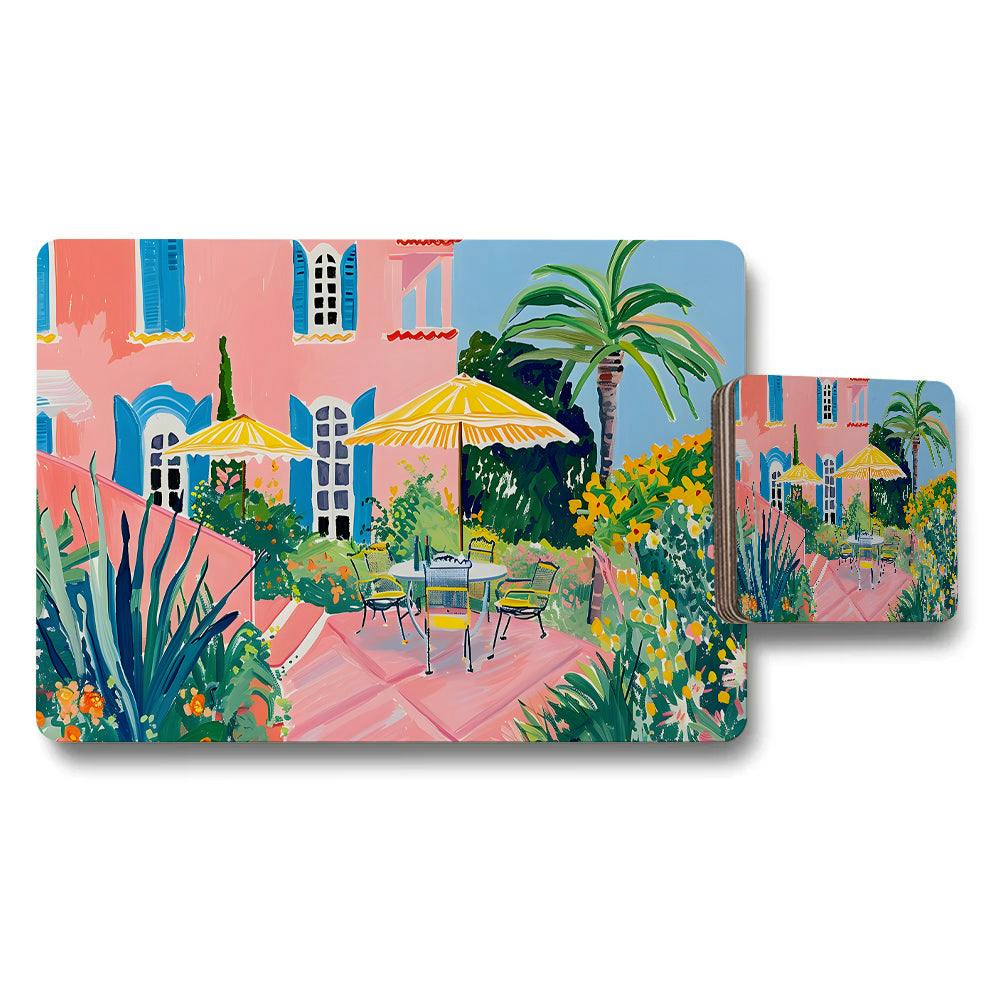Rackhams Yellow Vibrant Garden Cafe Placemats And Coaster Set With Umbrellas