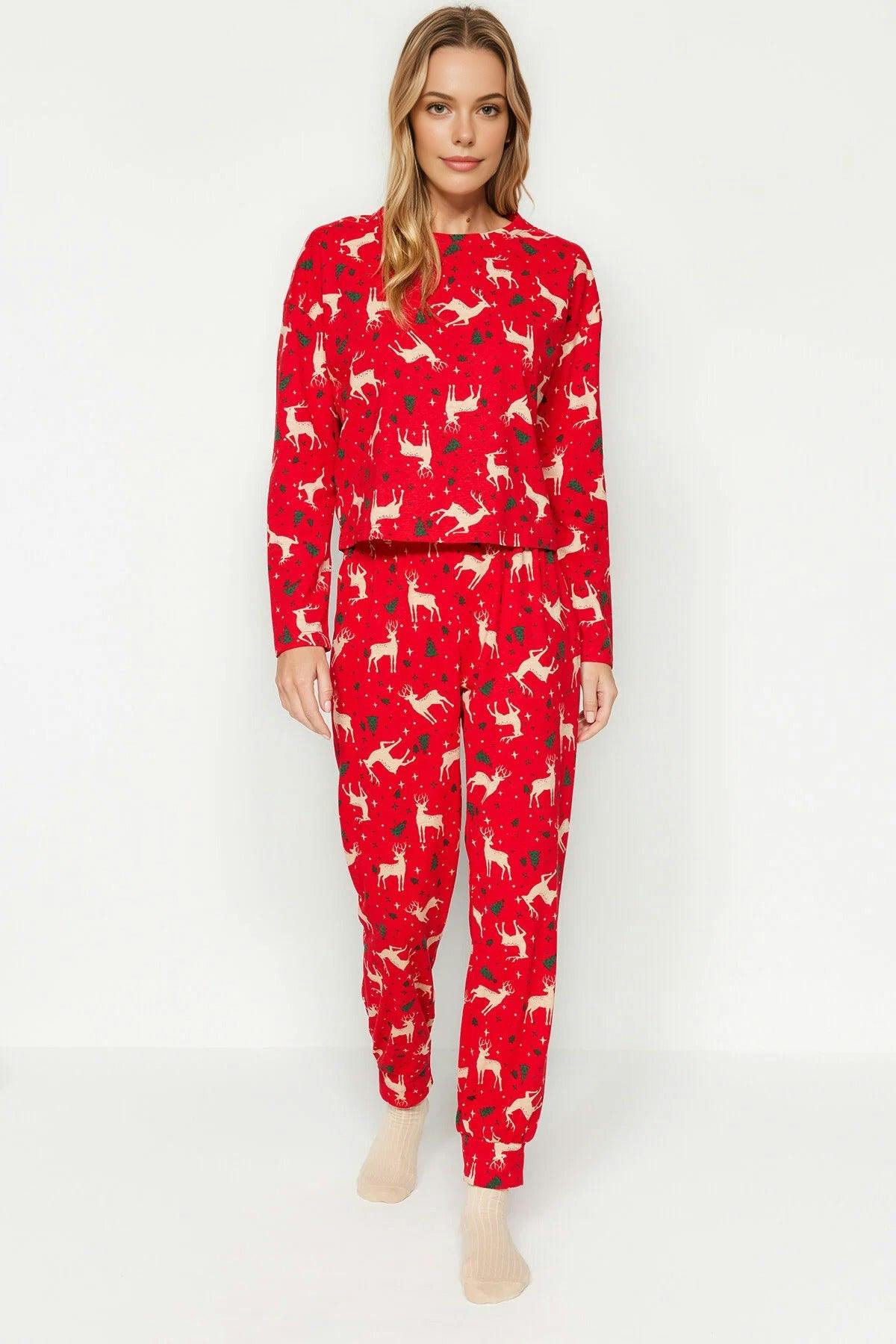 Wovcor Red 2-Piece 100% Cotton Christmas Themed Knit Pajama Set - M