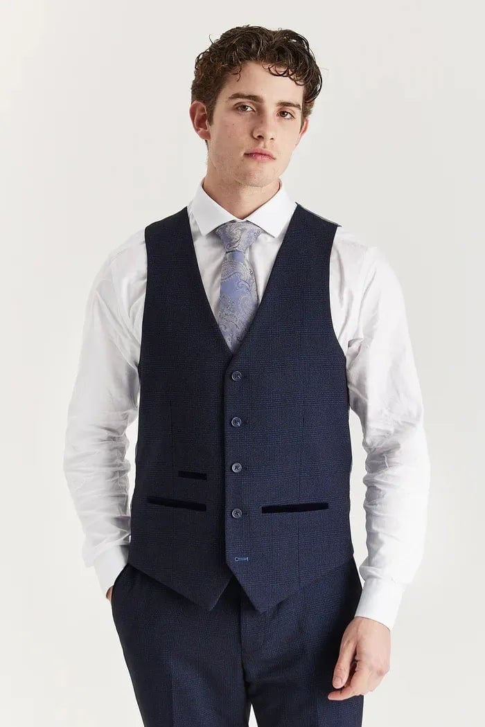 Paul Andrew Men's Blue Regent - Navy Plaid Check Waistcoat - 52