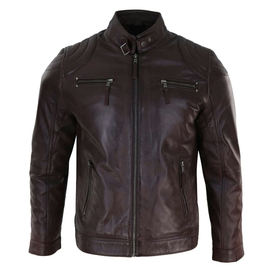 Infinity Leather Men's Light/Brown Leather Company Biker Zip Jacket Leather Short Classic Motorcycle - 4XL