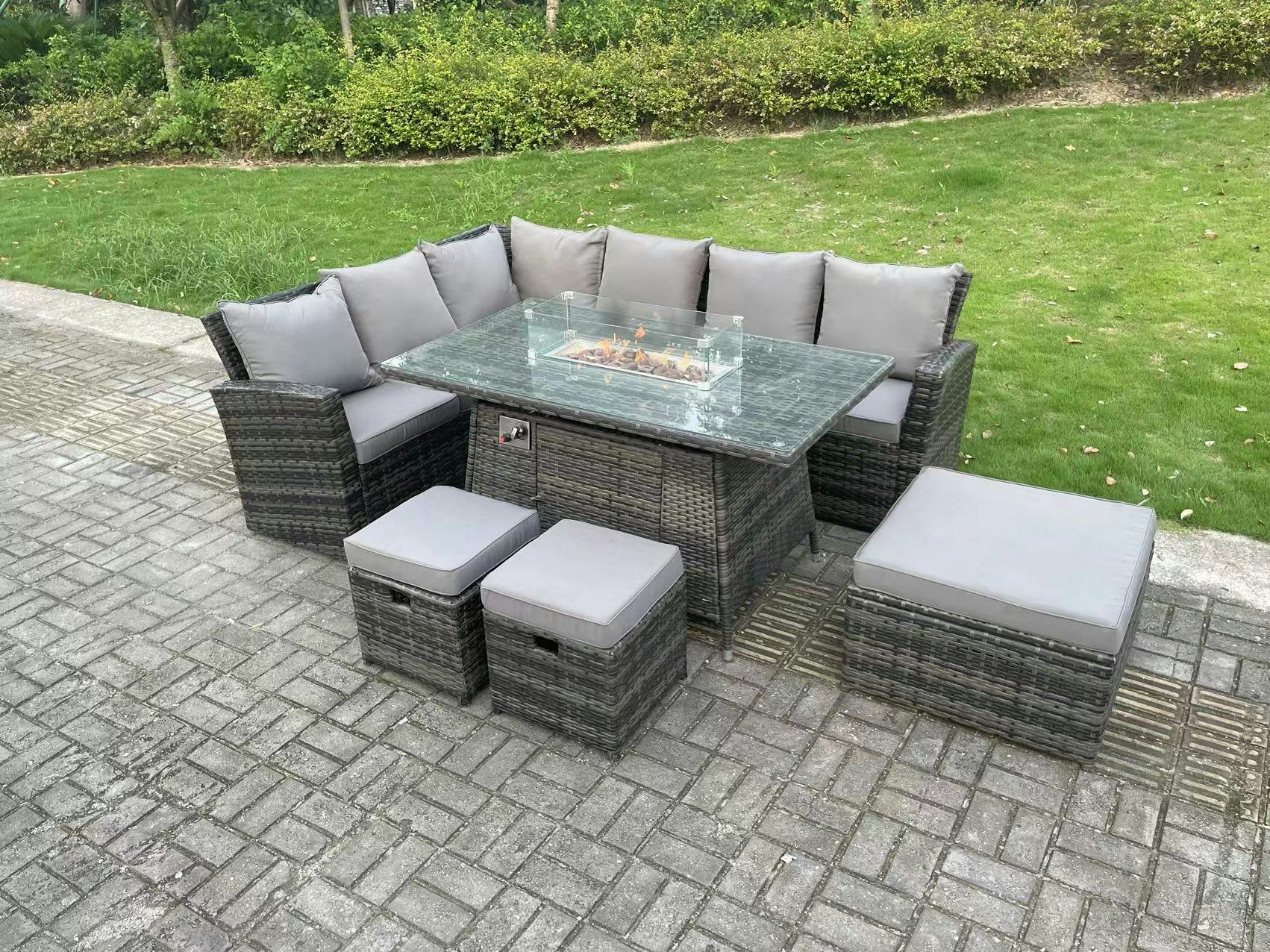 Rackhams Dark/Grey Rattan Garden Furniture Set With Gas Fire Pit Dining Table, 6 Seater Corner Sofa, 3 Footstools - 9 Seater