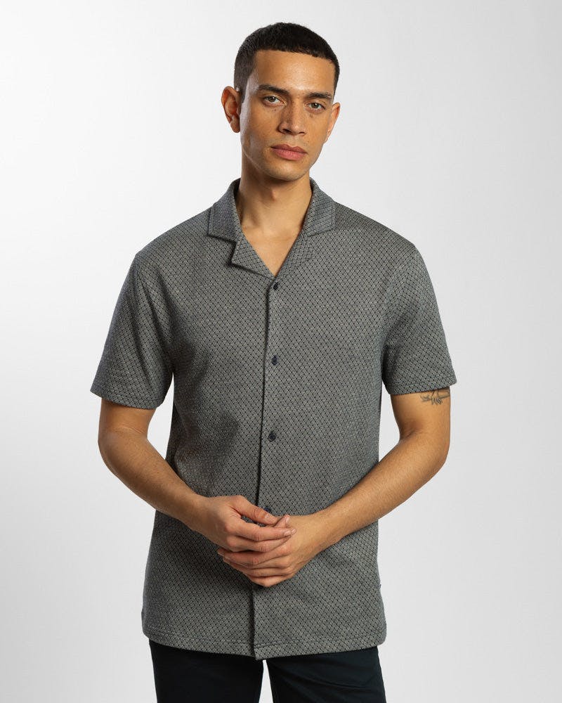 Steel & Jelly Diamond & Dot Jacquard Short Sleeve Shirt - Navy - Xl