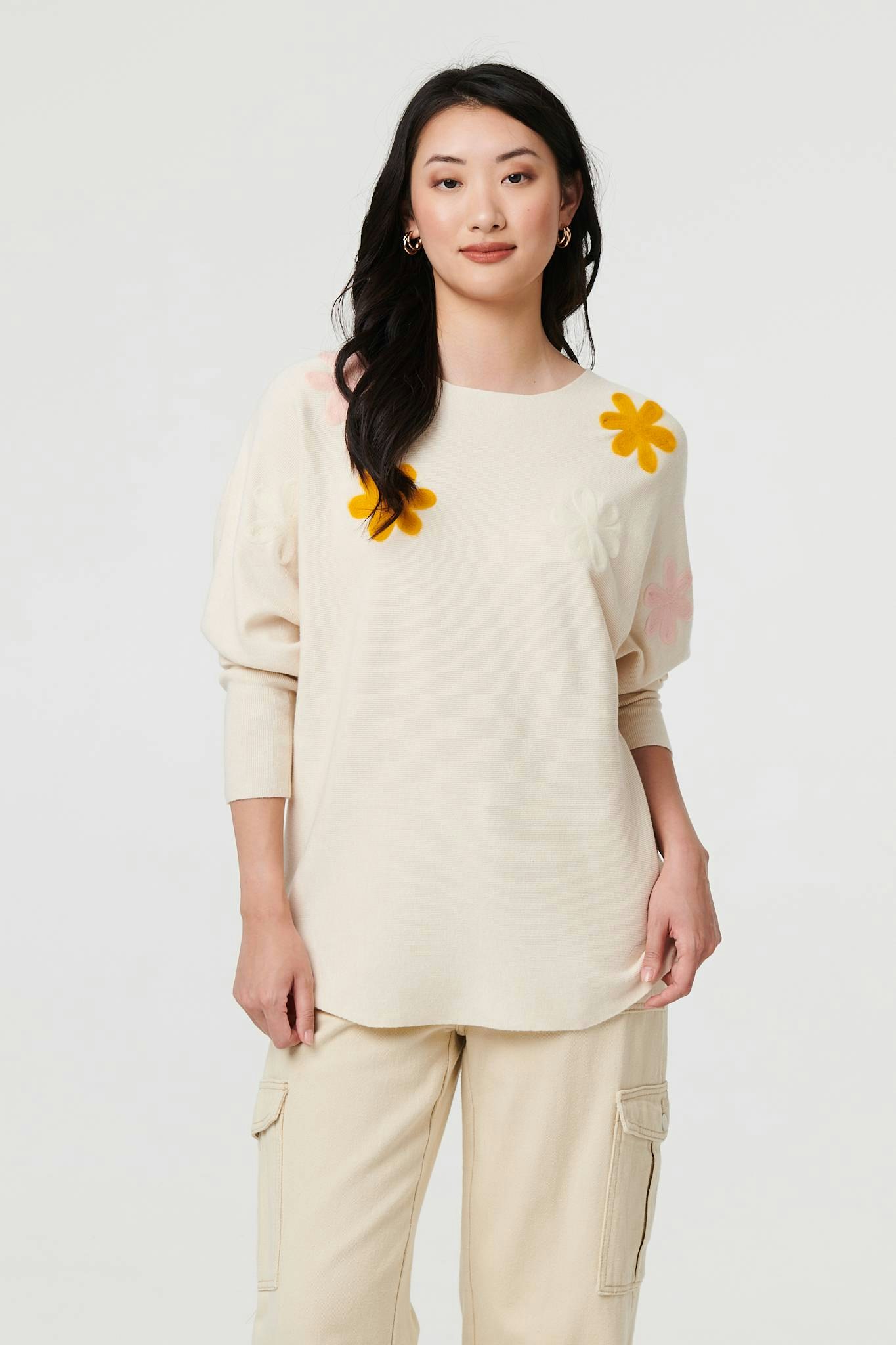 Izabel London Beige Floral Embellished Batwing Sleeve Jumper - S/M