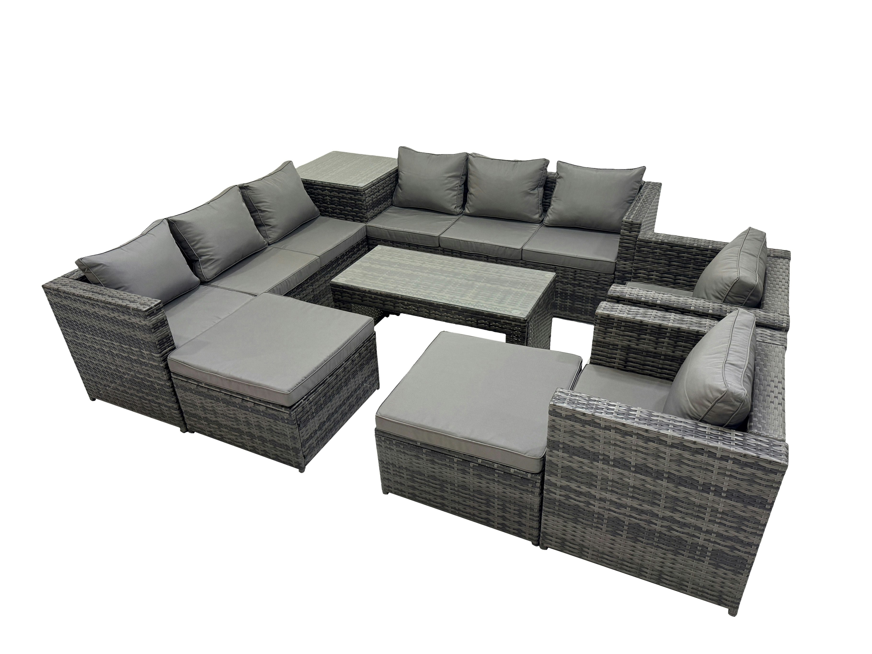 Rackhams Dark/Grey Garden Rattan Outdoor Furniture Set 10 Seater Patio Corner Sofa Oblong Coffee Table With Chair 2 Big Stool Side Table