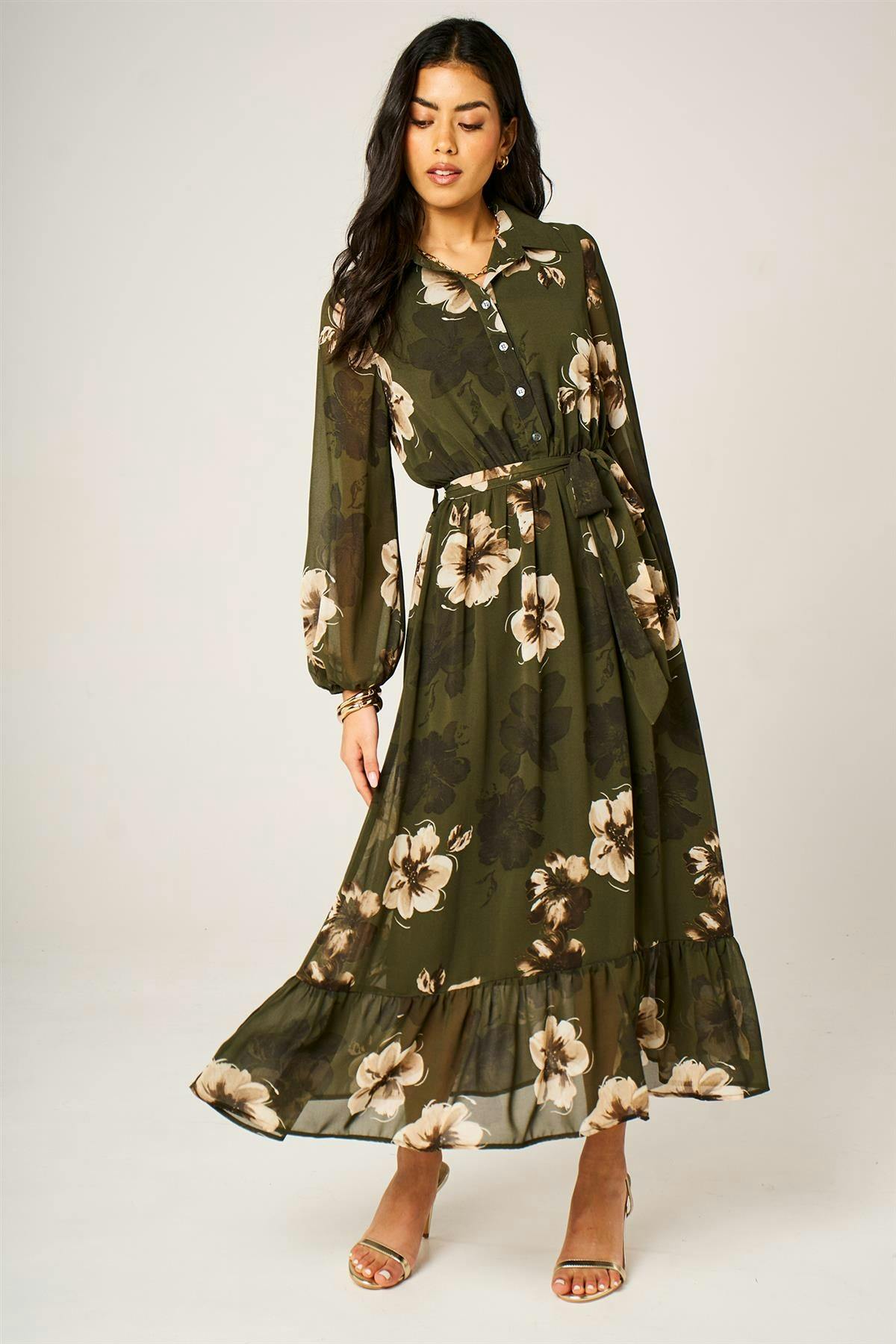 Fs Collection Green Large Floral Print Hem Detail Shirt Midi Dress With Tie Waist In Olive - S - Olive