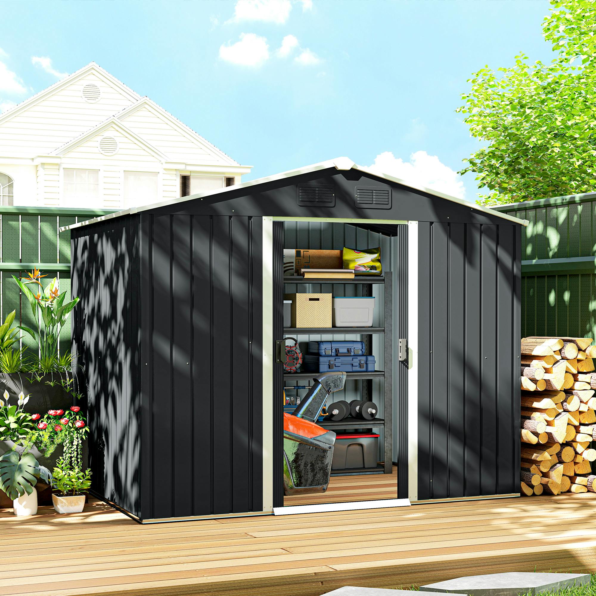 Rackhams Grey 8 X 6Ft Garden Storage Shed With Double Sliding Door Outdoor