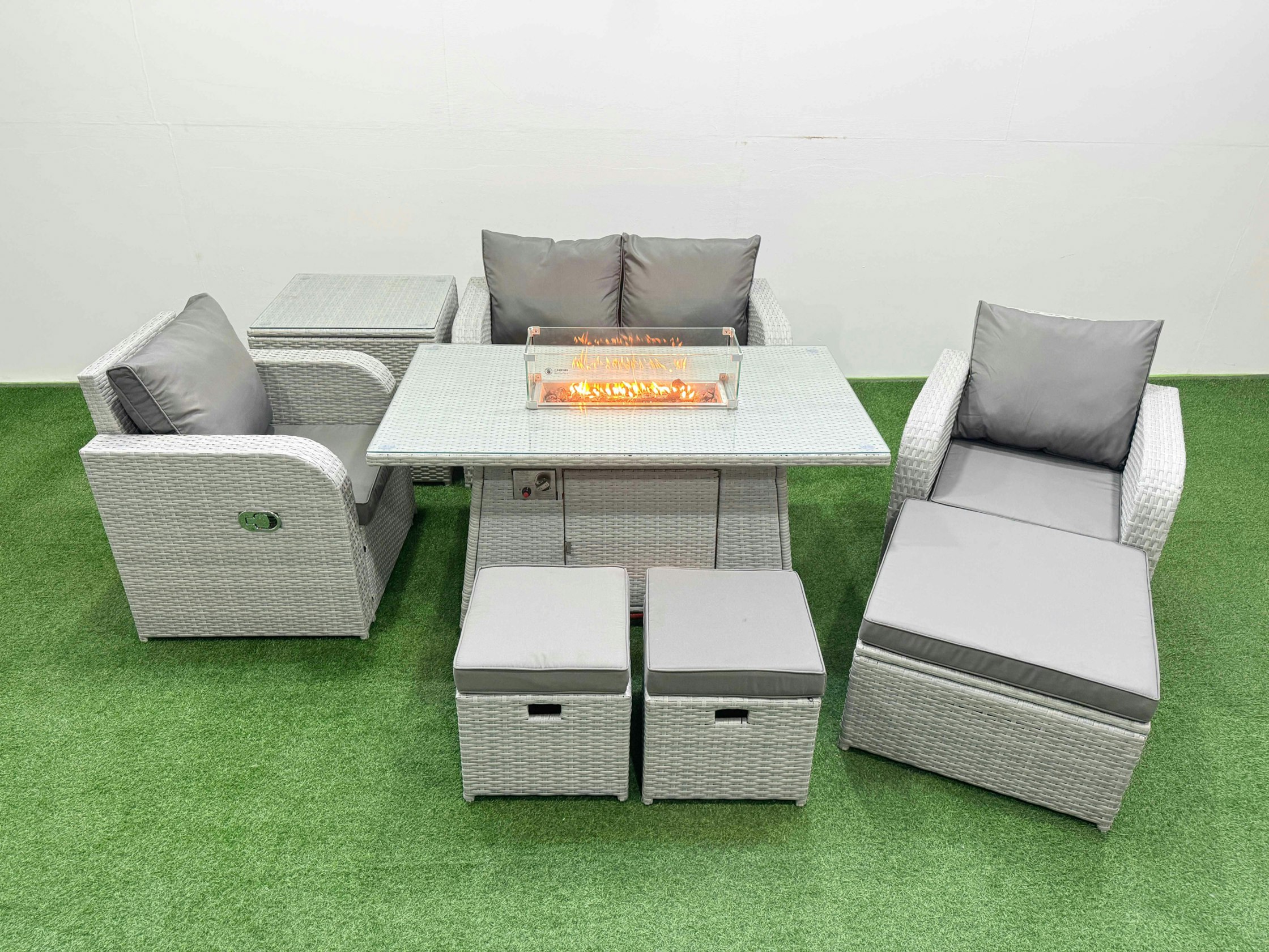 Fimous Light/Grey Pe Wicker Rattan Garden Furniture Set Sofa Set Reclining Chair Fire Pit Dining Table 7 Seater 3 Stools Side Table