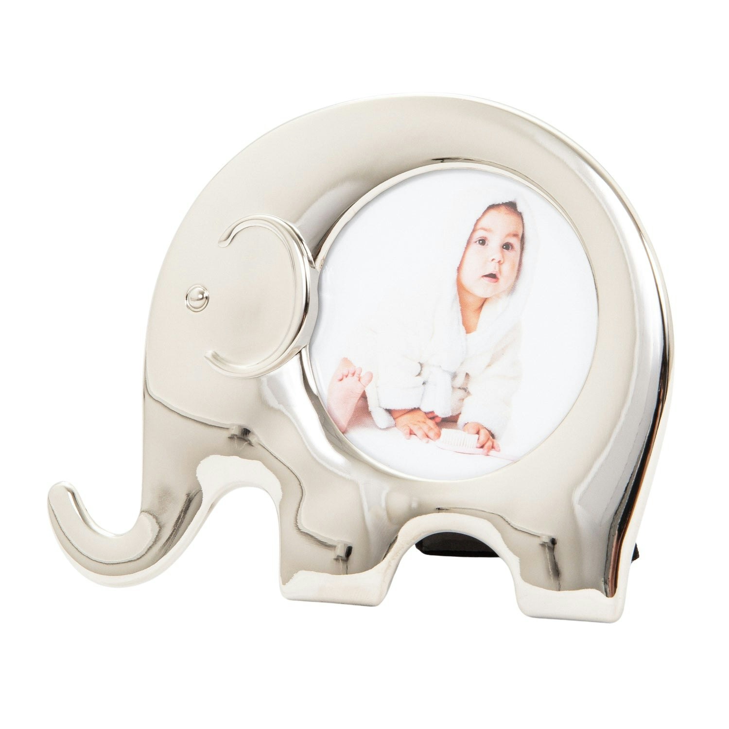 Happy Homewares Black Modern Standing Elephant Themed Shiny Nickel Plated Baby Circular Picture Frame Size 2