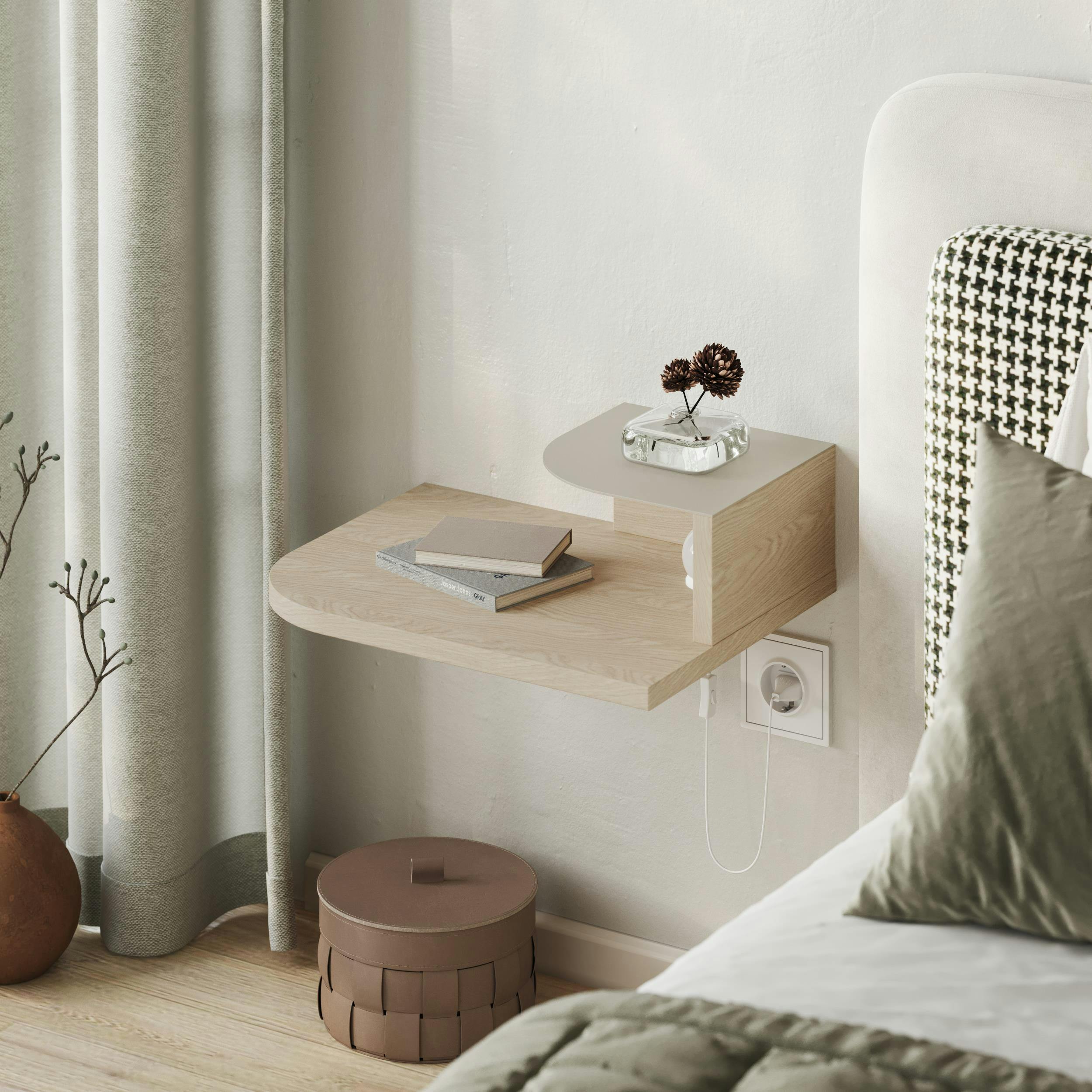 Rackhams Light/Yellow/White Floating Bedside Table Modern Corner Design Nightstand 30Cm Wall-Mounted W/ Led Lamp In 3-Tones For Bedroom - Sonomo Oak
