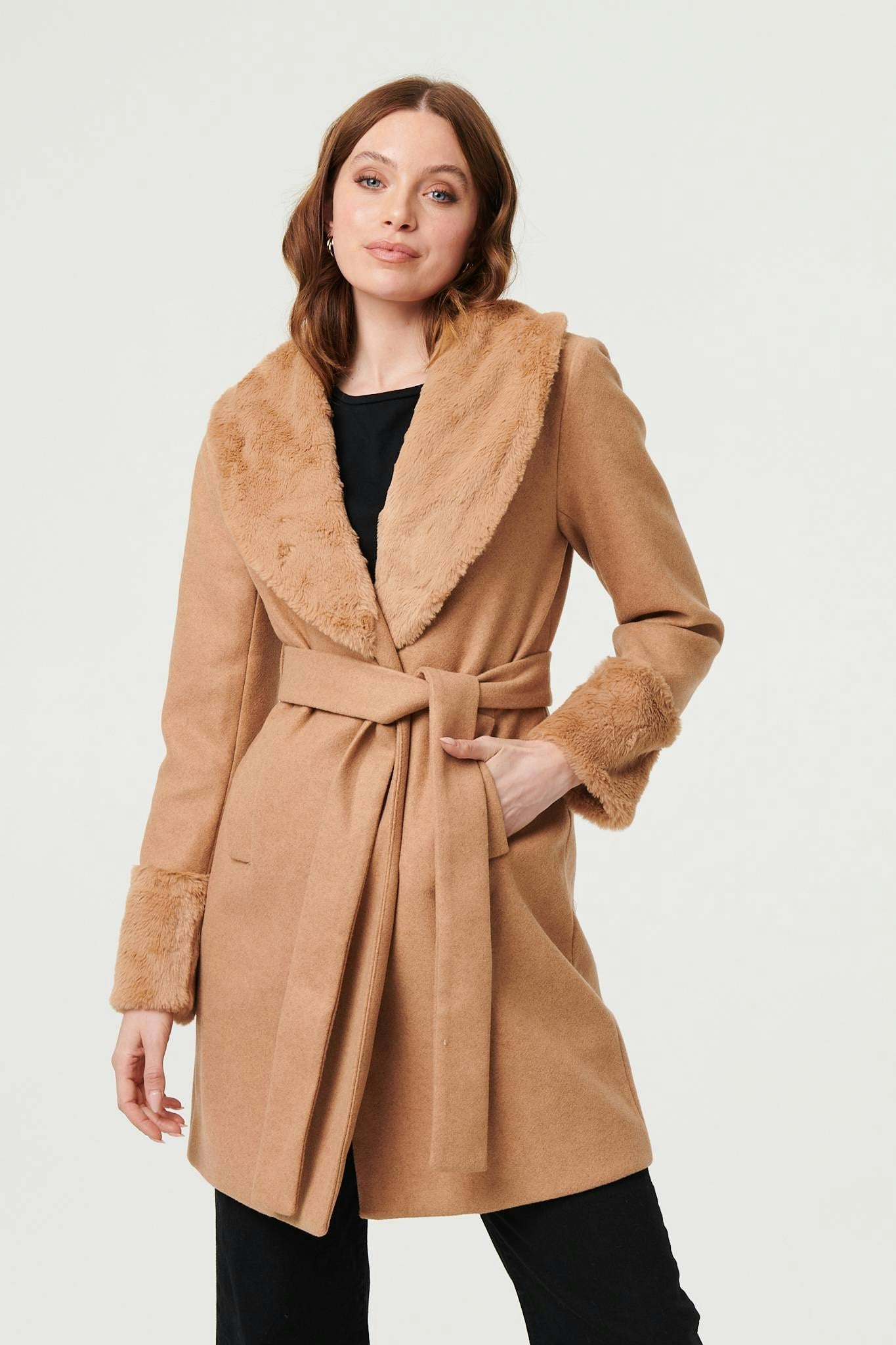 Izabel London Beige Faux Fur Trim Tie Waist Longline Coat - 14