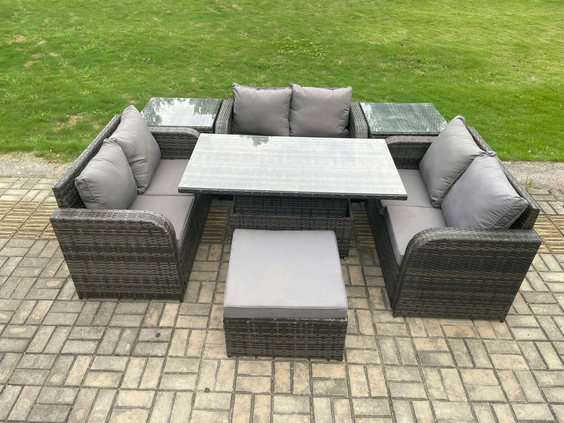 Fimous Rattan Garden Outdoor Furniture 3 Pc Love Sofa Set Patio Adjustable Rising Lifting Dining Table With 2 Side Tables Big Footstool