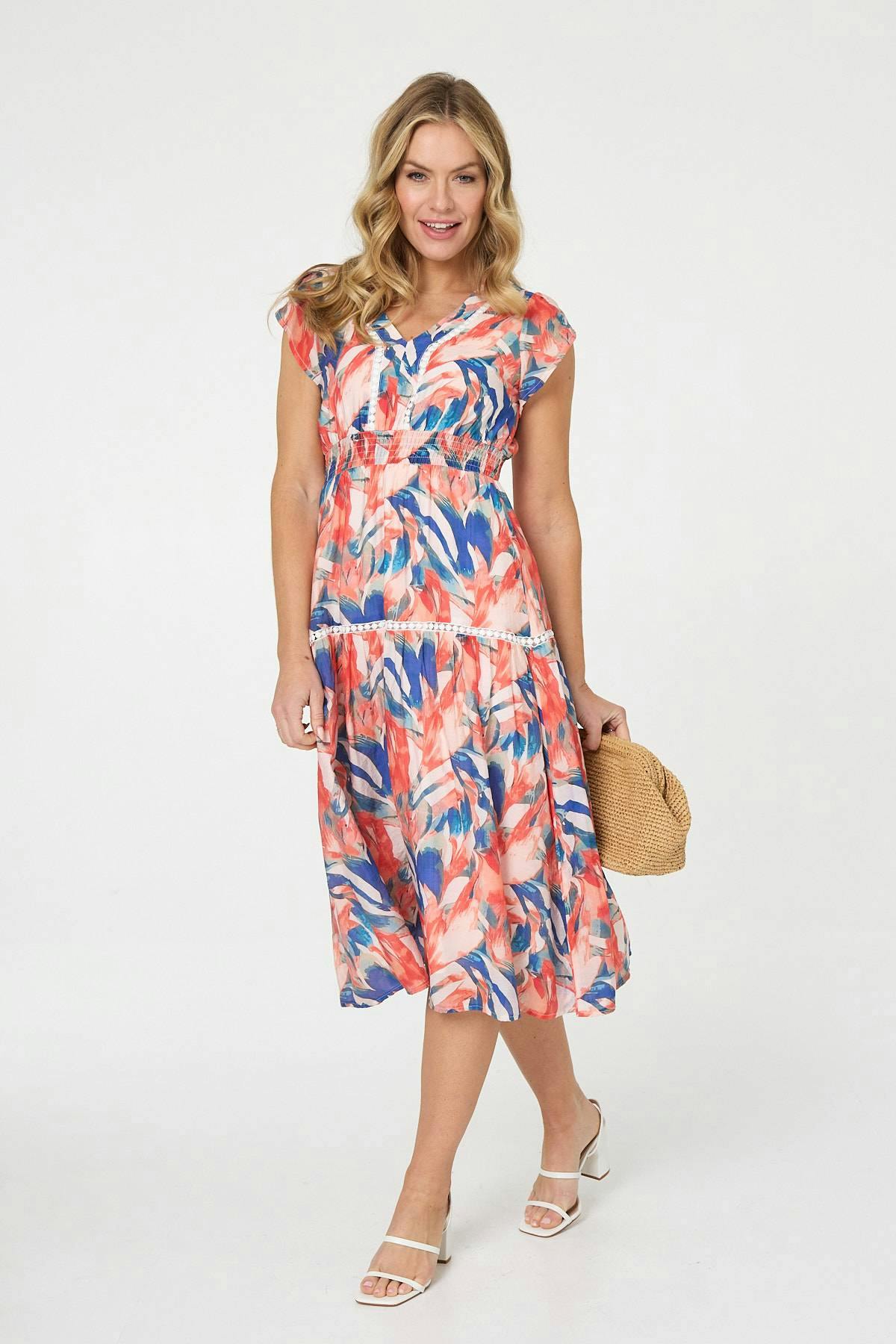 Izabel London Blue Abstract Lace Trim Cap Sleeve Midi Dress - 18