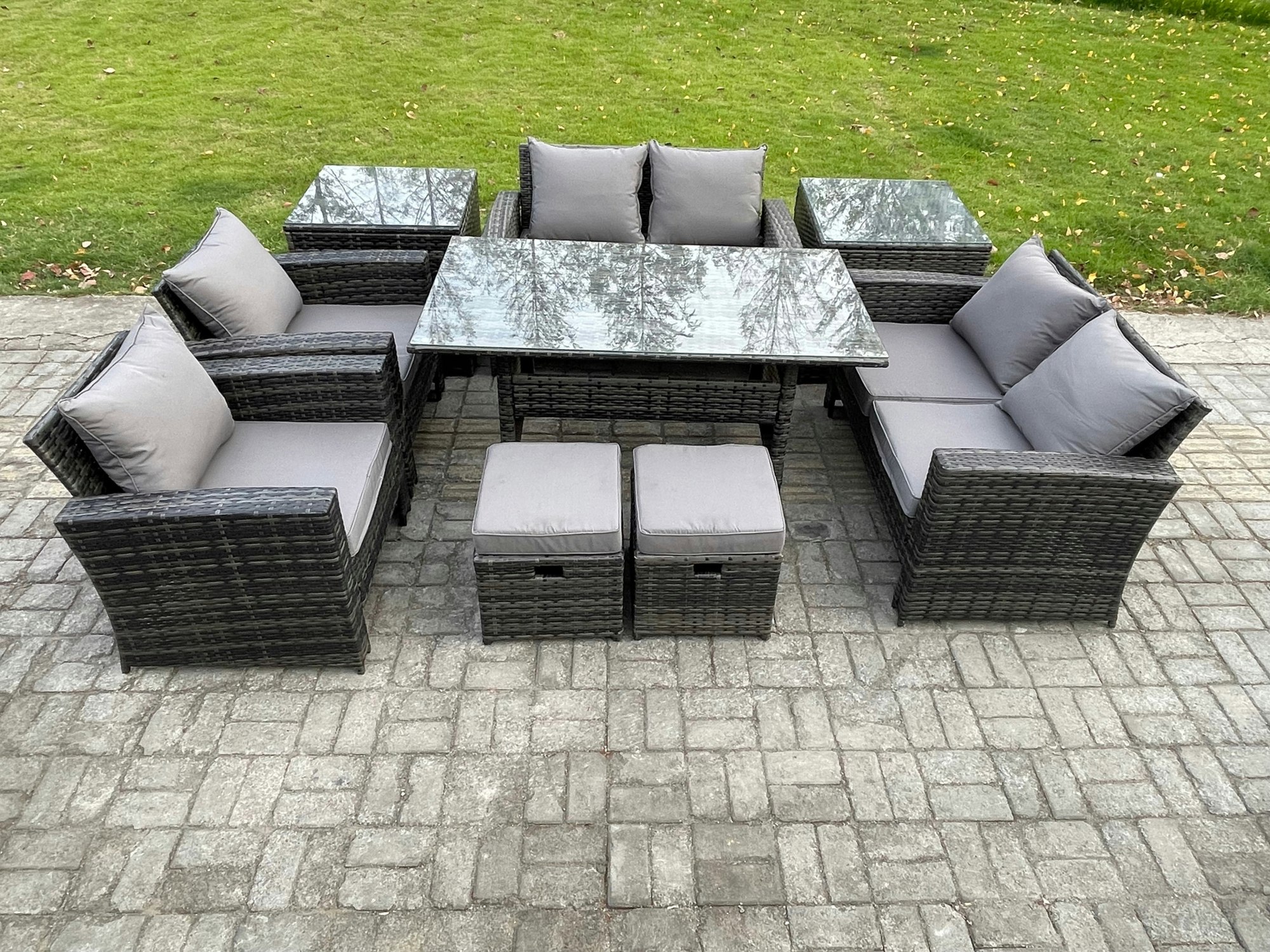 Rackhams Dark/Grey Garden Furniture Sets 9 Pieces Rattan Furniture Handmade Wicker Patio Sofa Set With 2 Small Footstools 2 Side Tables Mixed