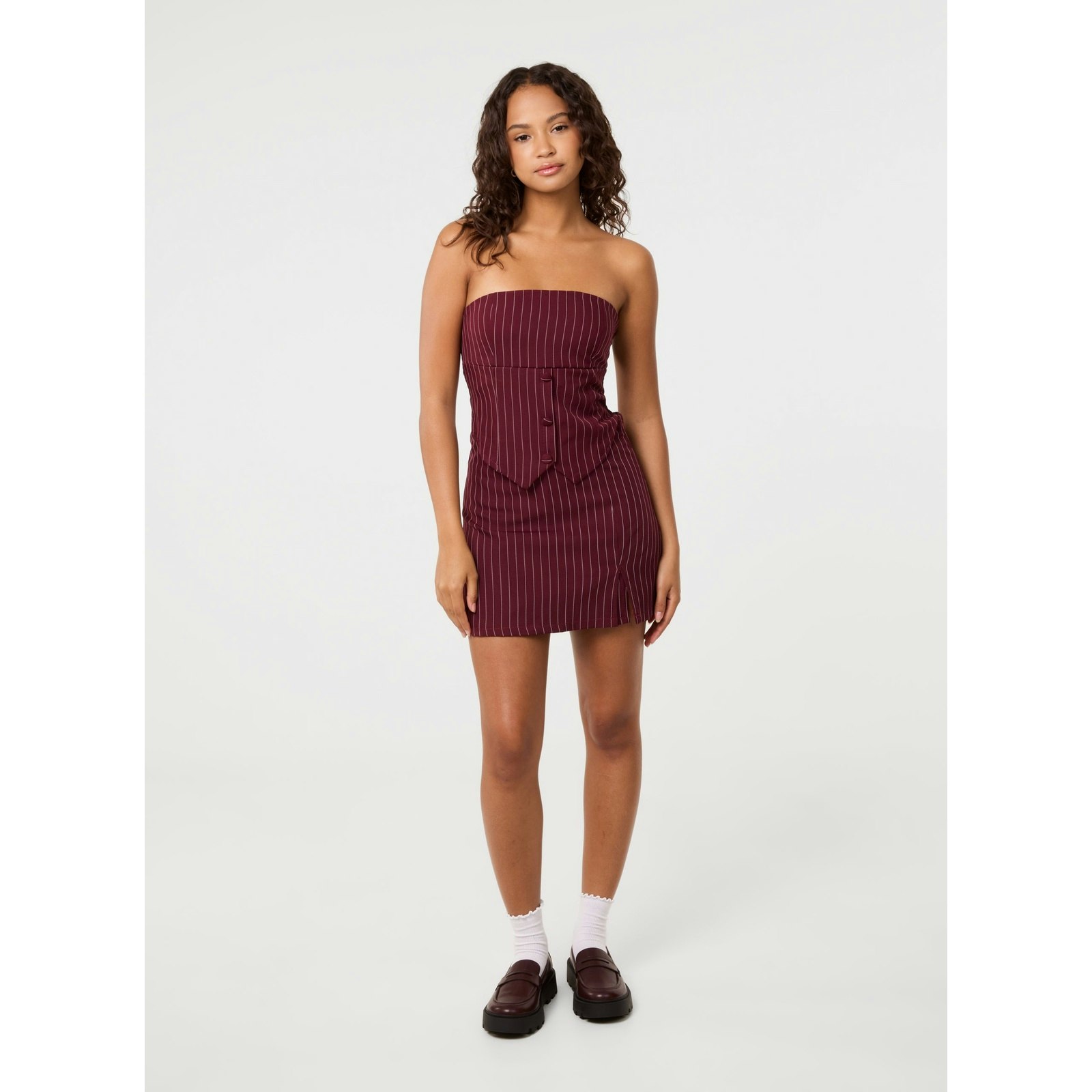 Pink Vanilla Pinstripe Skort Slit Front Skirt - Wine - S-M