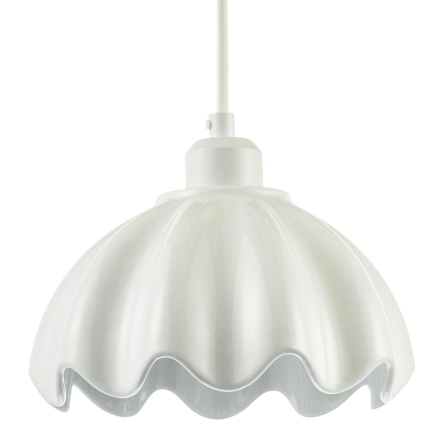 Rackhams White/Light Opal Gloss Ceramic Pendant Shade With Rippled Scallop Edge