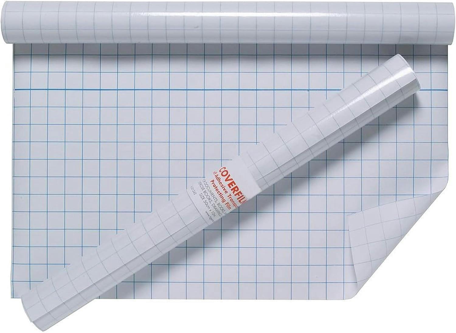 Kav Clear Sticky Back Plastic Book Cover - Repositionable Film With 16Gsm2 Glue Coverage, Printed 20Mm Grid - Non-Yellowing And Long Lasting - 50Cm X 10 Meter