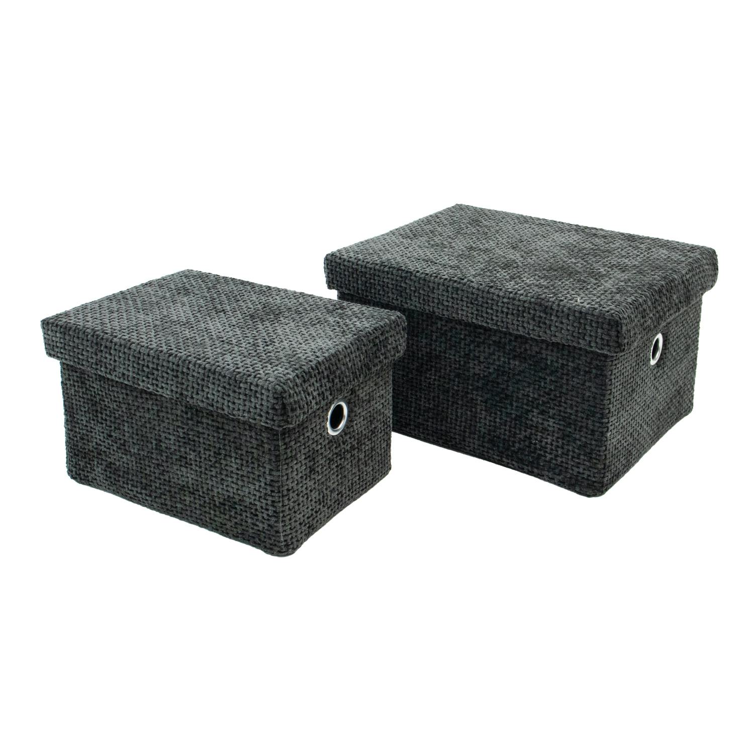 Rackhams Black Metro Rectangular Lidded Fabric Storage Baskets For Home Organisation, Set Of 2,