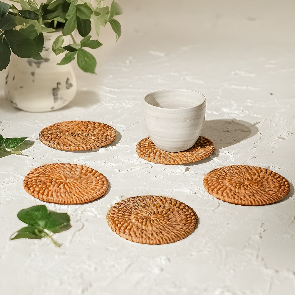 Rackhams Brown Round Rattan Coaster - Honey
